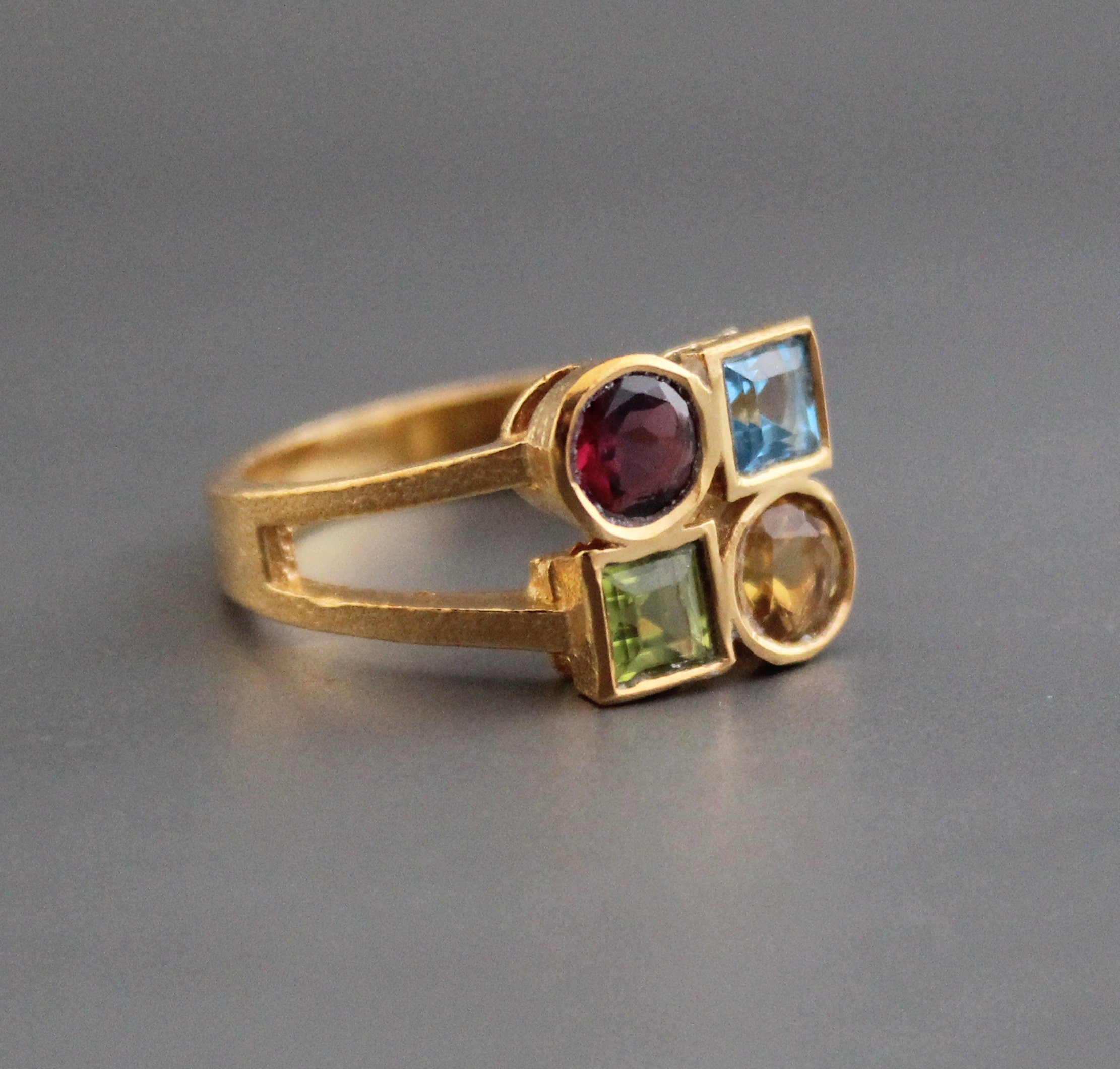 Dainty 18K Gold Multi-Stone Ring, Citrine Garnet Peridot Blue Topaz, Gift for Girlfriend, Gemstone Jewelry Gift for Women