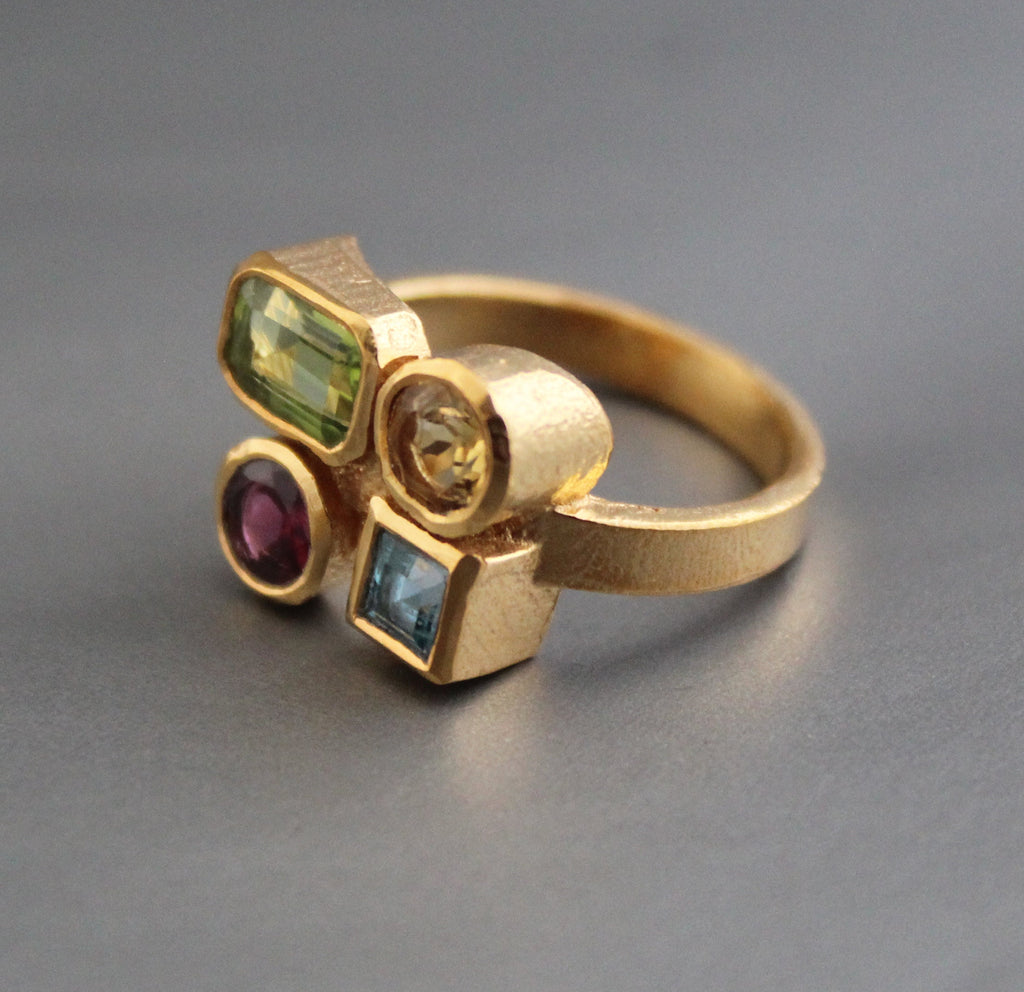 18K Gold Multi Gemstone Ring, Handmade Ring, Personalized Gift, Anniversary gift, Birthday Gift, Garnet, Citrine, Peridot, Topaz Ring