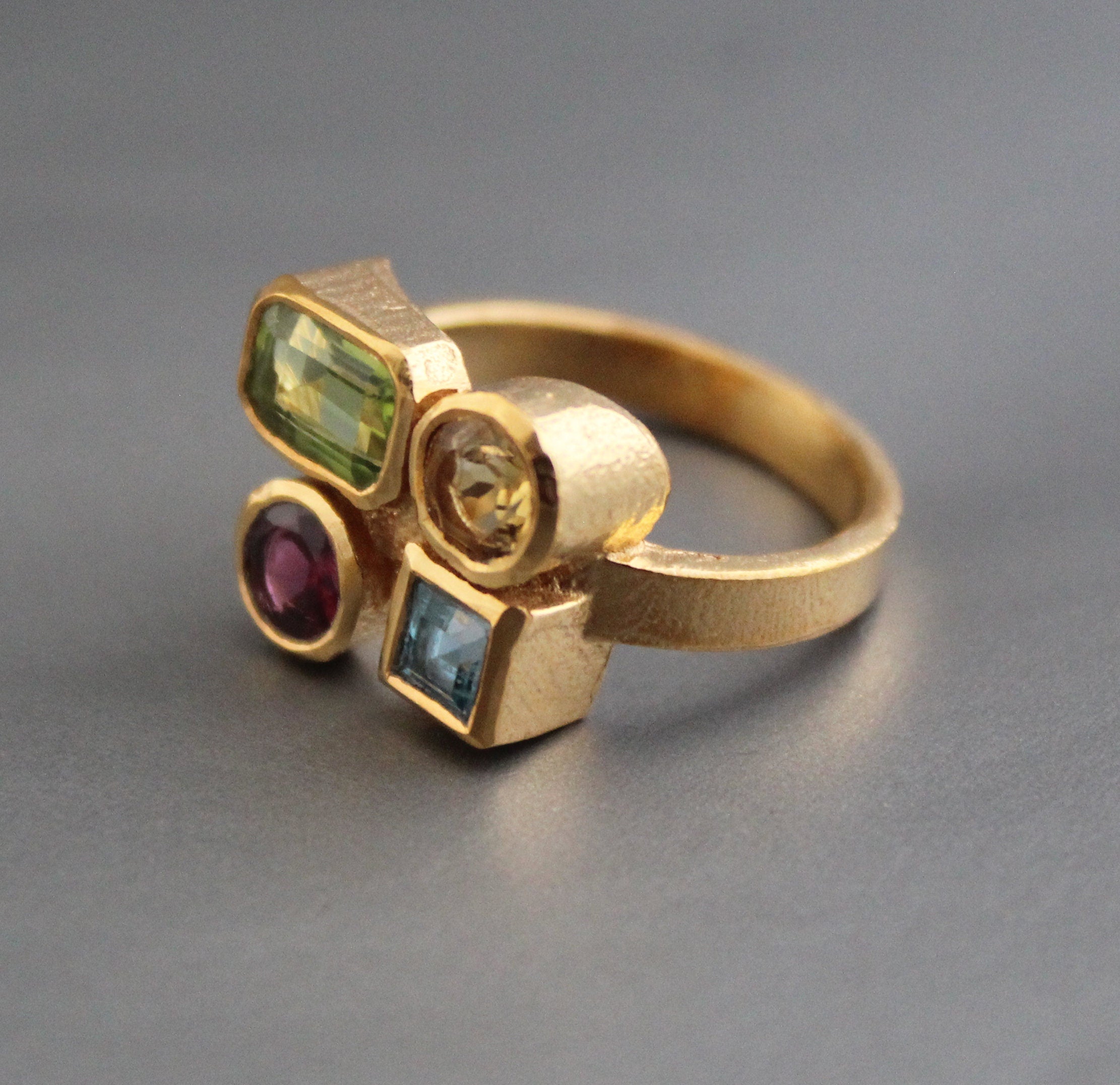 18K Gold Multi Gemstone Ring, Handmade Ring, Personalized Gift, Anniversary gift, Birthday Gift, Garnet, Citrine, Peridot, Topaz Ring