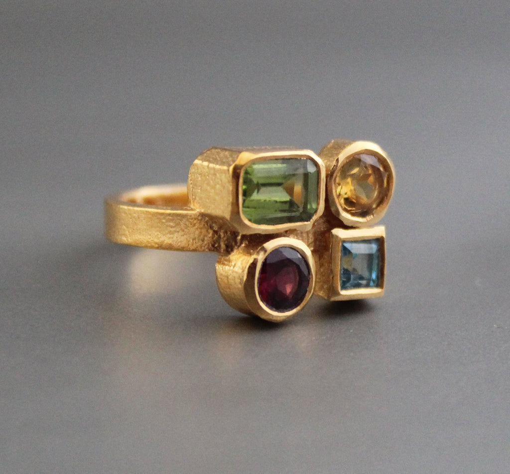 18K Gold Multi Gemstone Ring, Handmade Ring, Personalized Gift, Anniversary gift, Birthday Gift, Garnet, Citrine, Peridot, Topaz Ring