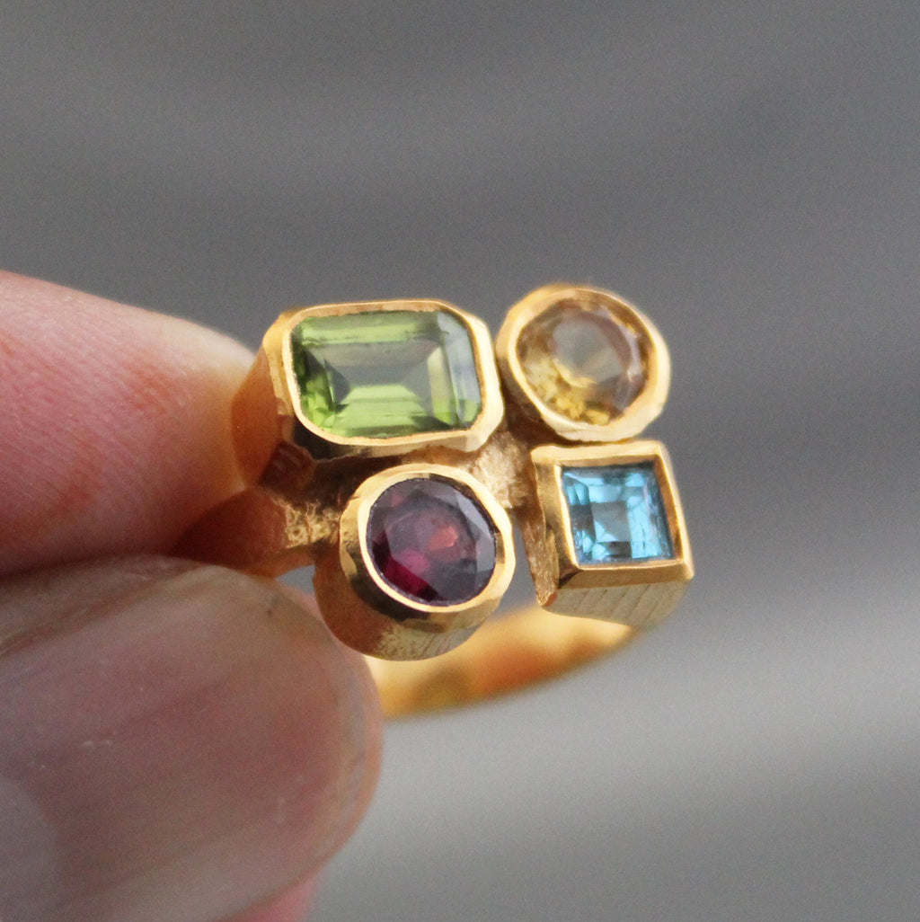 18K Gold Multi Gemstone Ring, Handmade Ring, Personalized Gift, Anniversary gift, Birthday Gift, Garnet, Citrine, Peridot, Topaz Ring