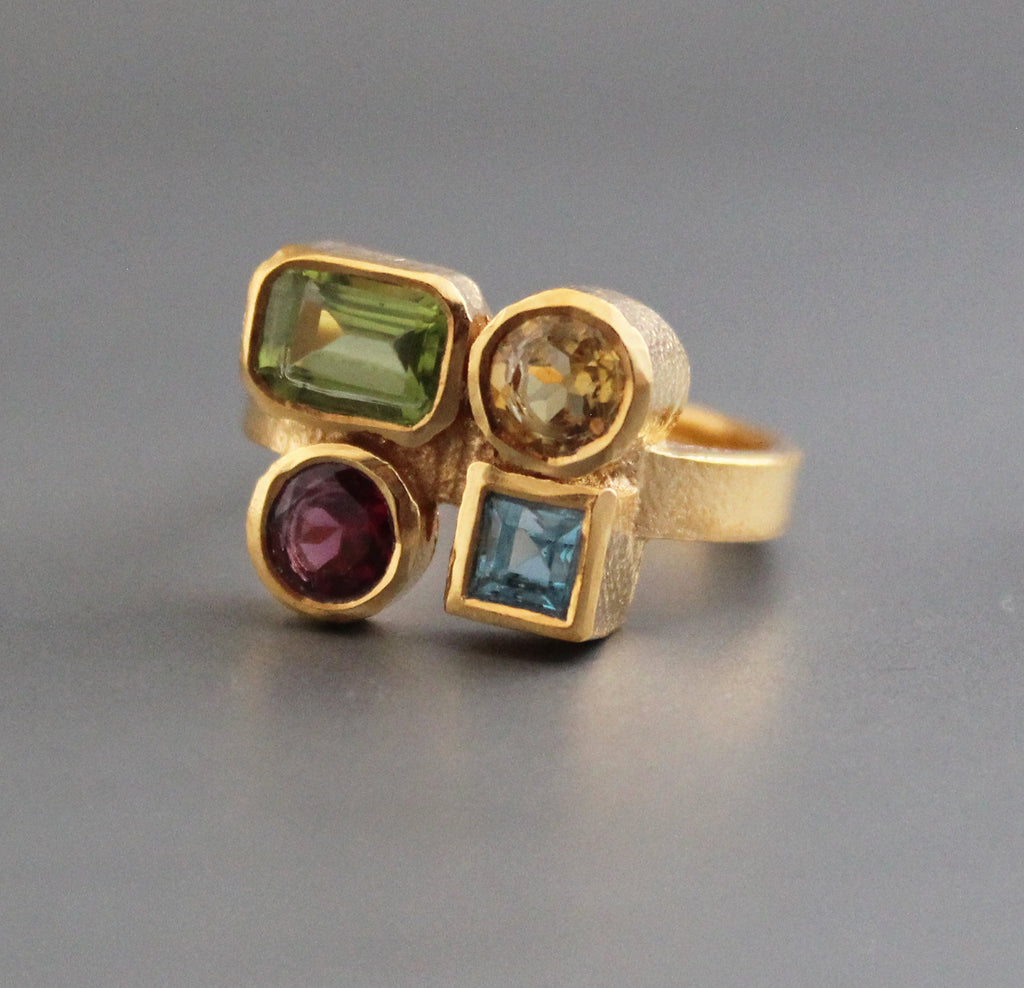 18K Gold Multi Gemstone Ring, Handmade Ring, Personalized Gift, Anniversary gift, Birthday Gift, Garnet, Citrine, Peridot, Topaz Ring