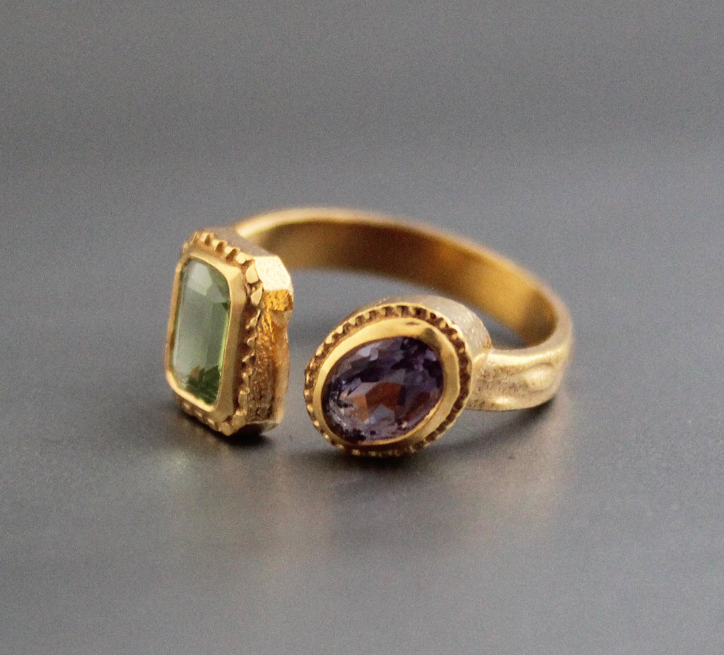 Amethyst Peridot Ring, Adjustable Band, Multi Stone Ring, Promise Ring, Unique Gold Engagement Ring, Vintage Bridal wedding Anniversary