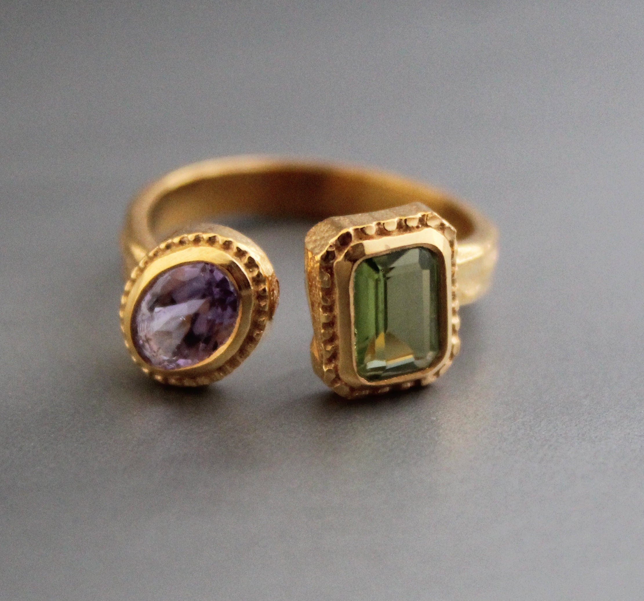 Amethyst Peridot Ring, Adjustable Band, Multi Stone Ring, Promise Ring, Unique Gold Engagement Ring, Vintage Bridal wedding Anniversary