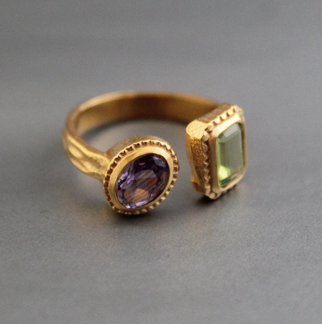 Amethyst Peridot Ring, Adjustable Band, Multi Stone Ring, Promise Ring, Unique Gold Engagement Ring, Vintage Bridal wedding Anniversary
