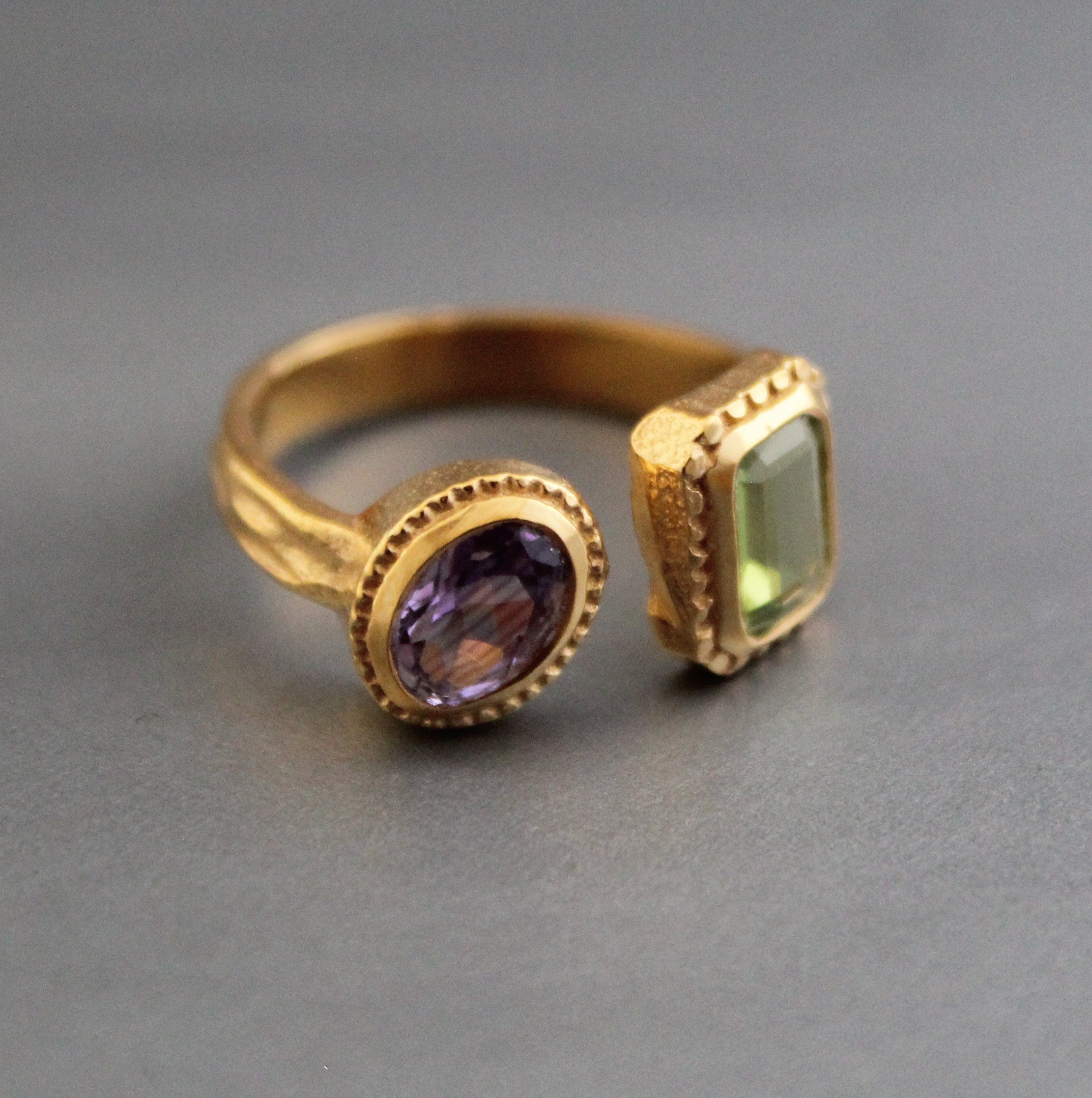 Amethyst Peridot Ring, Adjustable Band, Multi Stone Ring, Promise Ring, Unique Gold Engagement Ring, Vintage Bridal wedding Anniversary