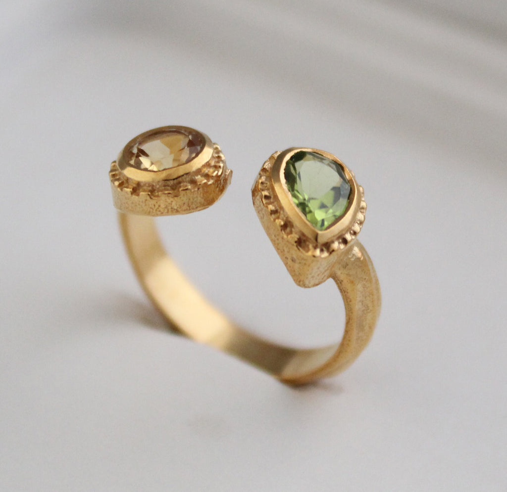18K Gold Citrine Peridot Ring, Adjustable Gemstone Band, Birthstone ring, Birthday Gifts for her, Multi Stone Ring