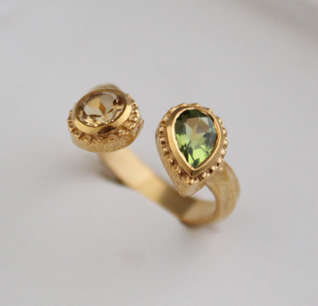 18K Gold Citrine Peridot Ring, Adjustable Gemstone Band, Birthstone ring, Birthday Gifts for her, Multi Stone Ring