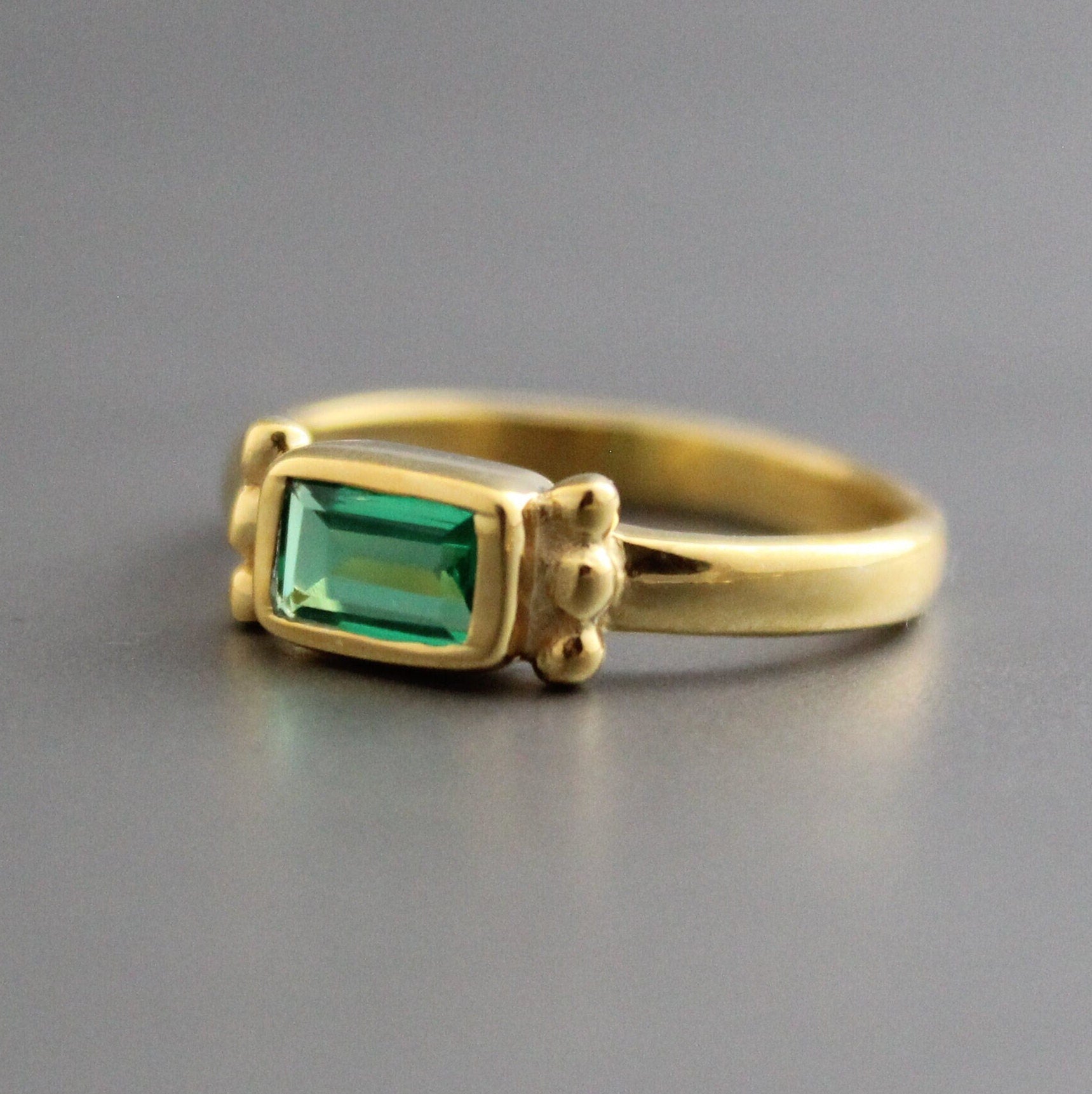 Emerald Ring, Vintage Gold Wedding Ring, Baguette Cut, 18K Gold Filled 925 Sterling Silver Ring, Handmade Ring, Wedding Jewelry