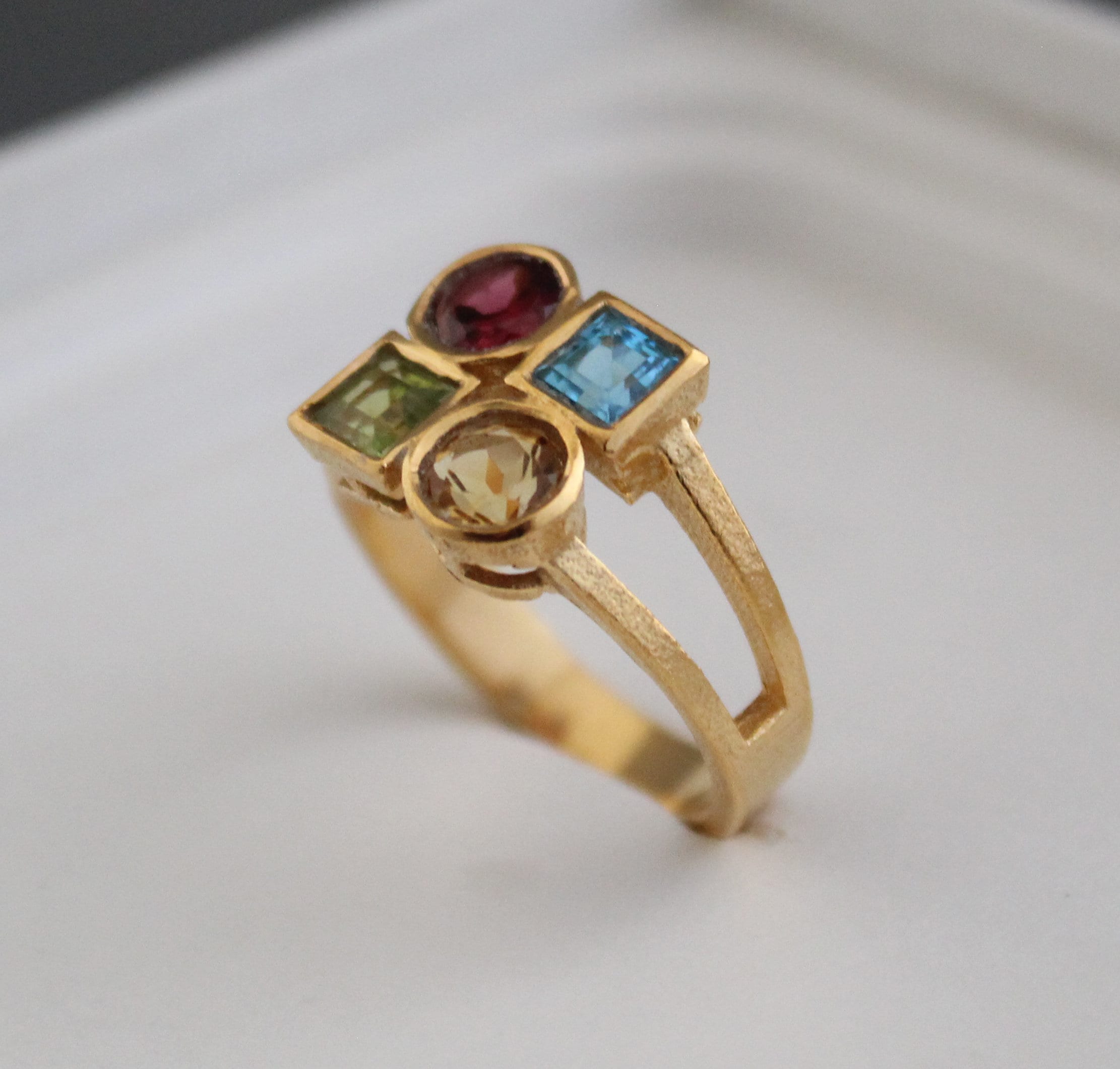 Dainty 18K Gold Multi-Stone Ring, Citrine Garnet Peridot Blue Topaz, Gift for Girlfriend, Gemstone Jewelry Gift for Women