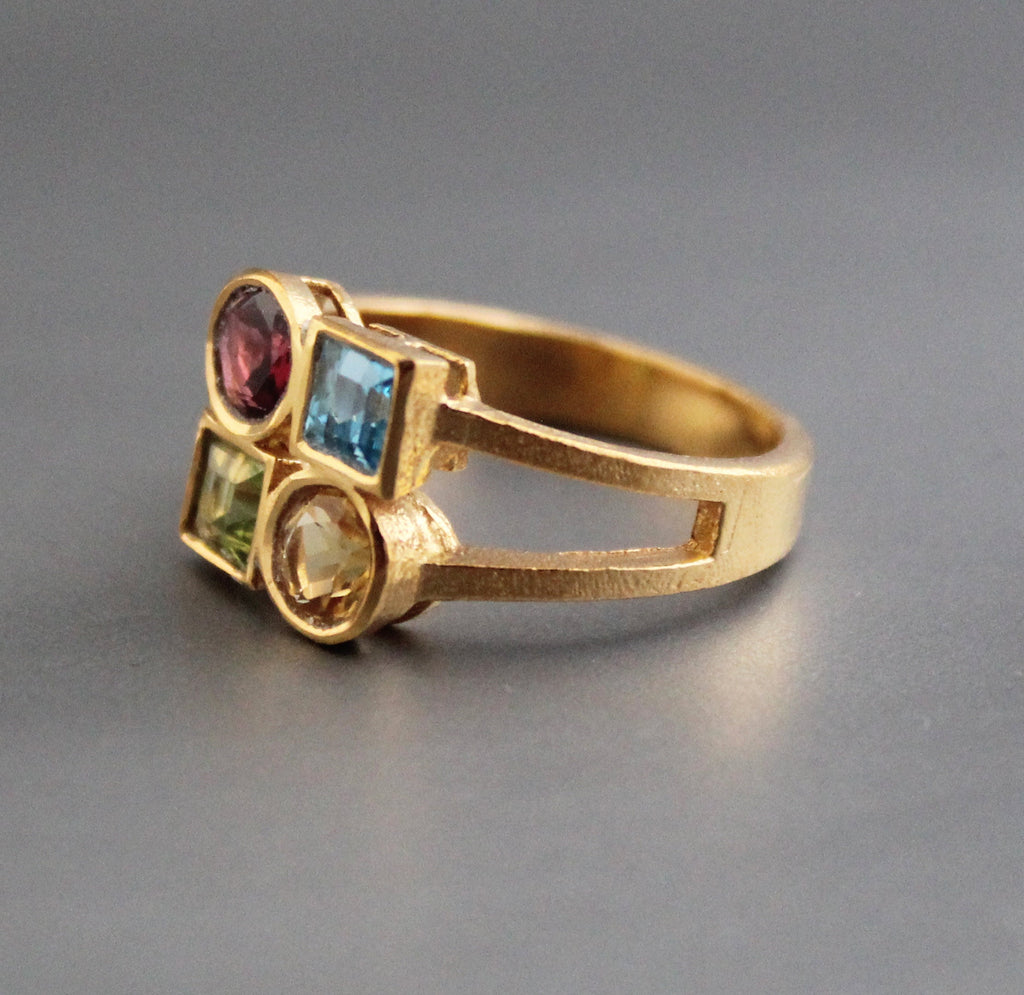 Dainty 18K Gold Multi-Stone Ring, Citrine Garnet Peridot Blue Topaz, Gift for Girlfriend, Gemstone Jewelry Gift for Women