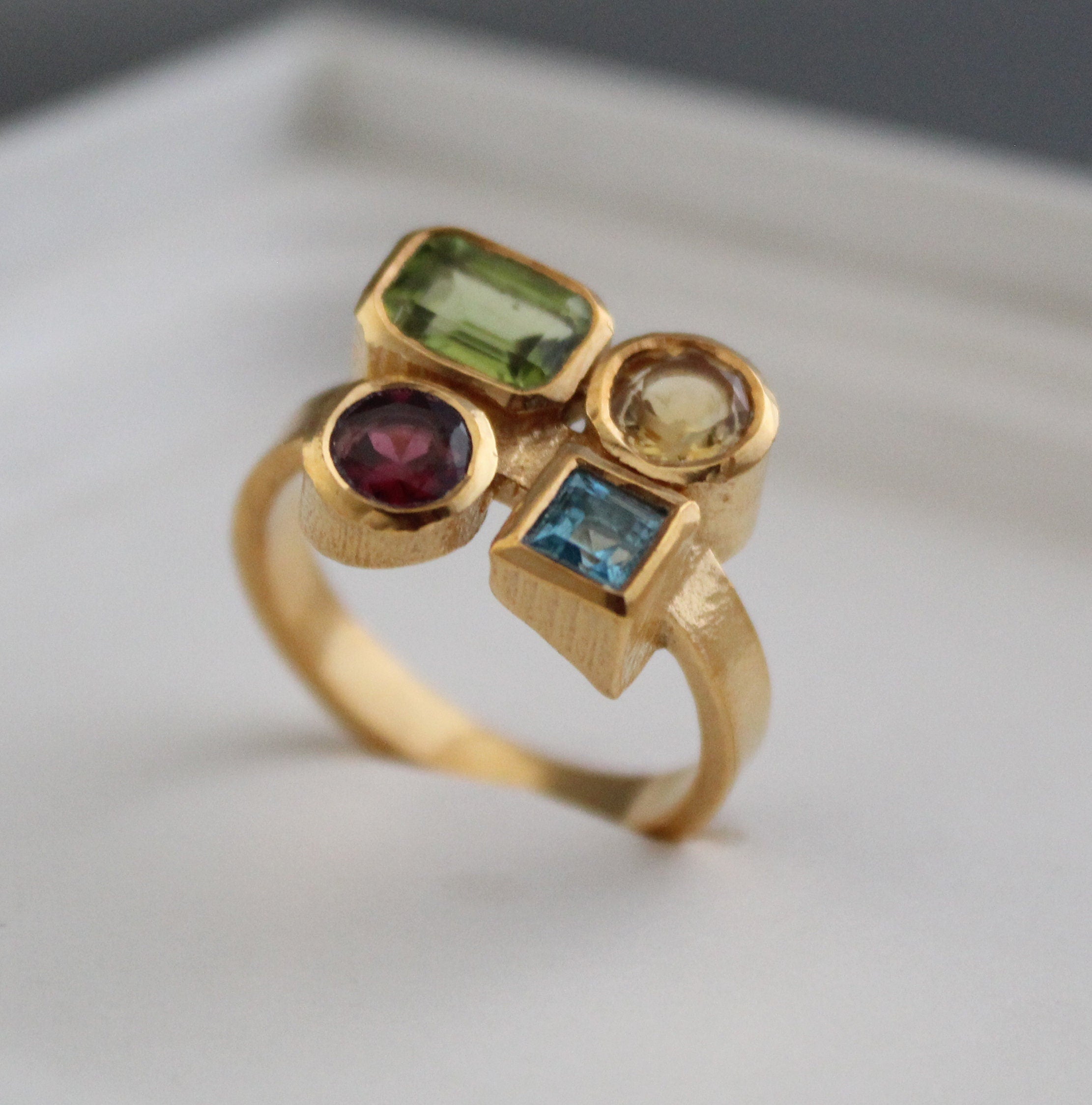 18K Gold Multi Gemstone Ring, Handmade Ring, Personalized Gift, Anniversary gift, Birthday Gift, Garnet, Citrine, Peridot, Topaz Ring