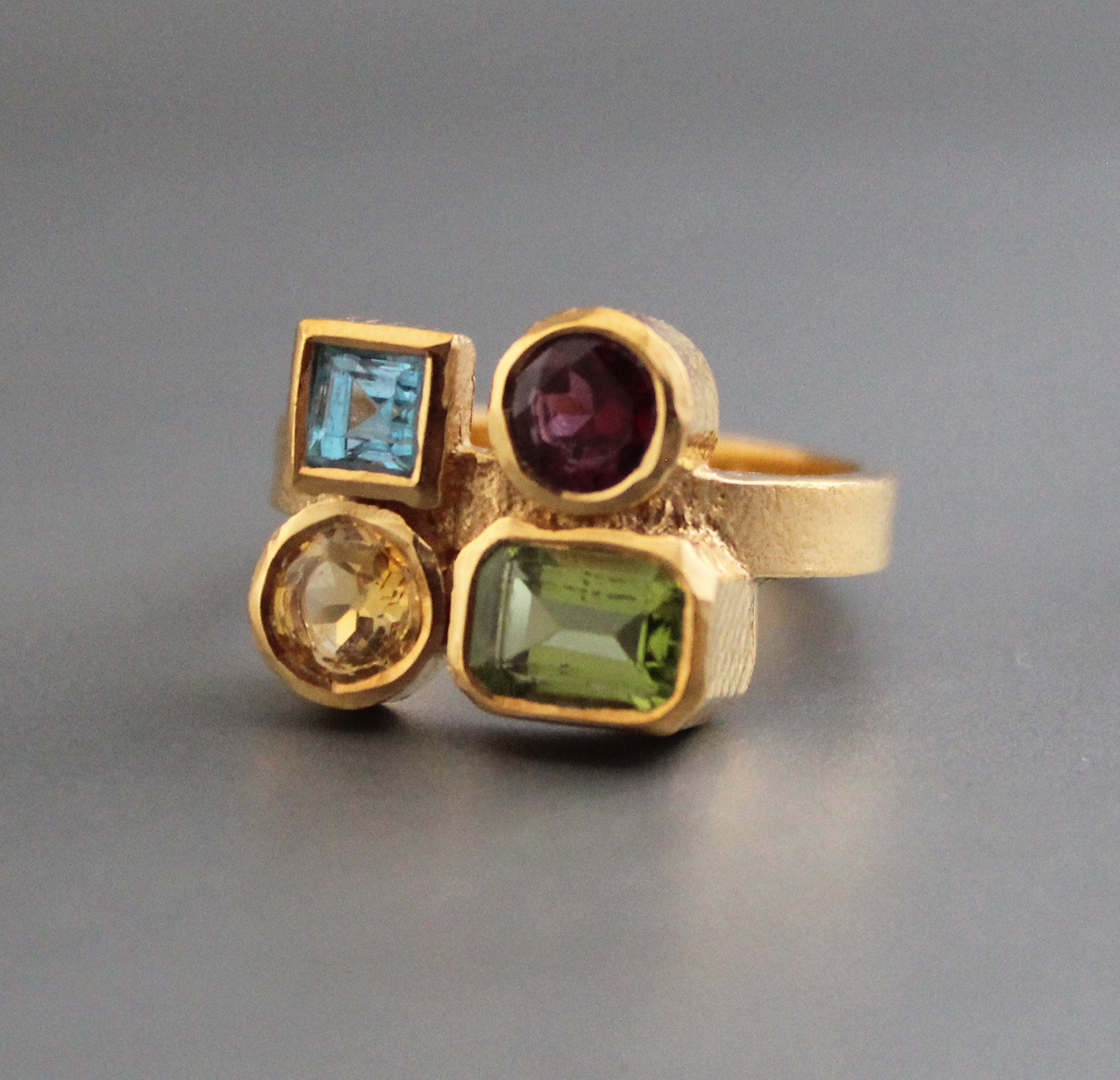18K Gold Multi Gemstone Ring, Handmade Ring, Personalized Gift, Anniversary gift, Birthday Gift, Garnet, Citrine, Peridot, Topaz Ring