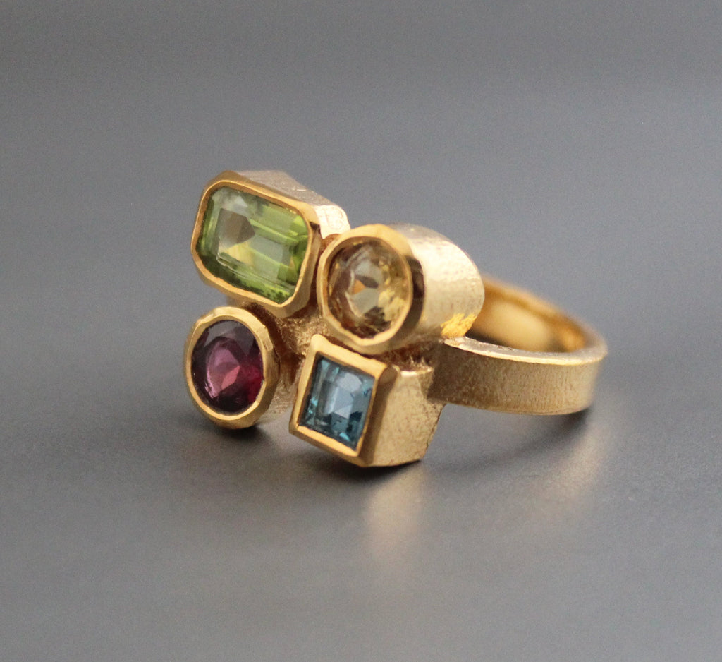 18K Gold Multi Gemstone Ring, Handmade Ring, Personalized Gift, Anniversary gift, Birthday Gift, Garnet, Citrine, Peridot, Topaz Ring