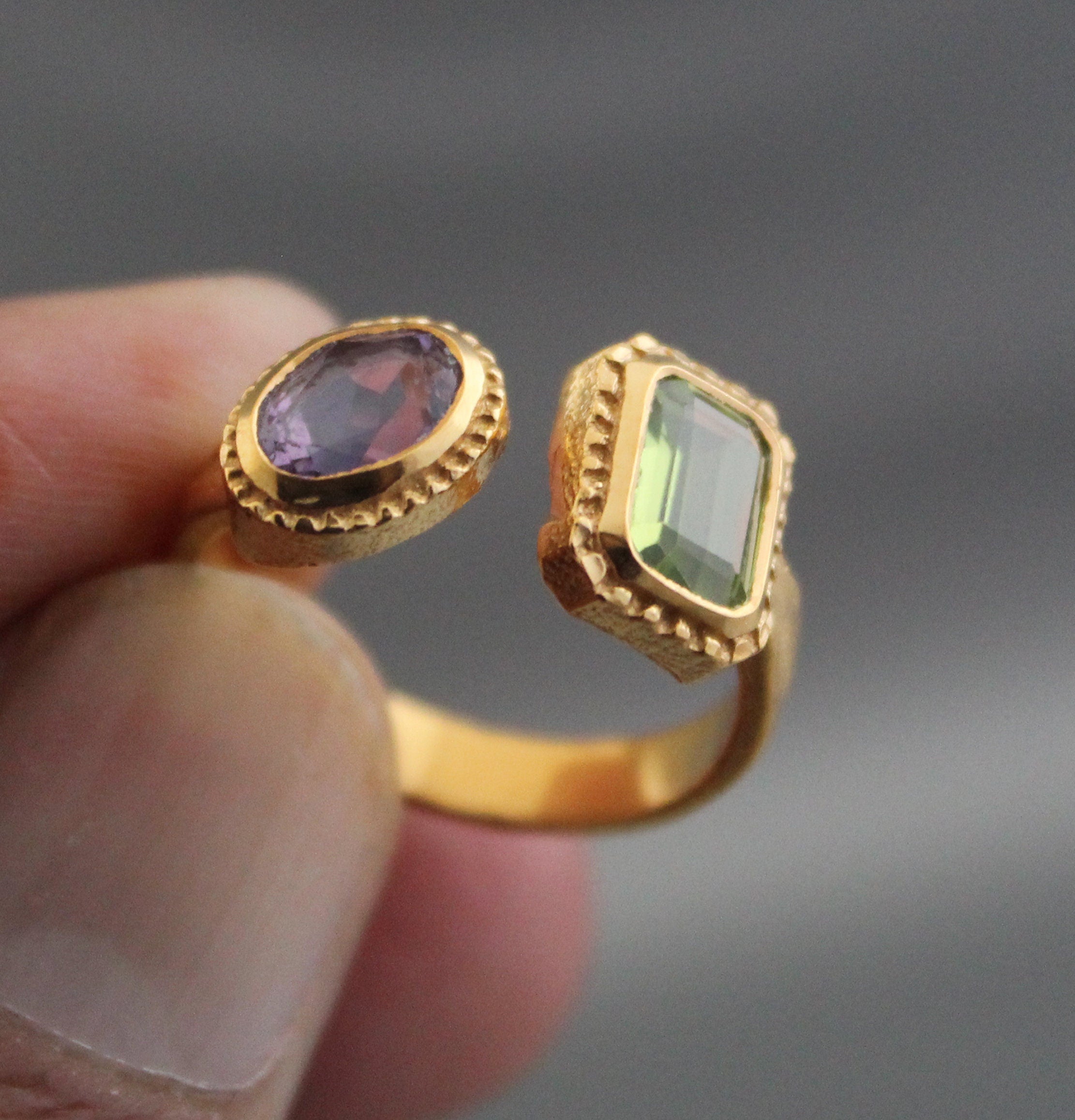 Amethyst Peridot Ring, Adjustable Band, Multi Stone Ring, Promise Ring, Unique Gold Engagement Ring, Vintage Bridal wedding Anniversary