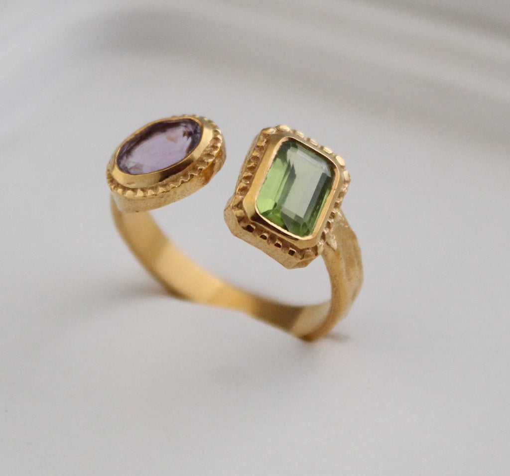Amethyst Peridot Ring, Adjustable Band, Multi Stone Ring, Promise Ring, Unique Gold Engagement Ring, Vintage Bridal wedding Anniversary