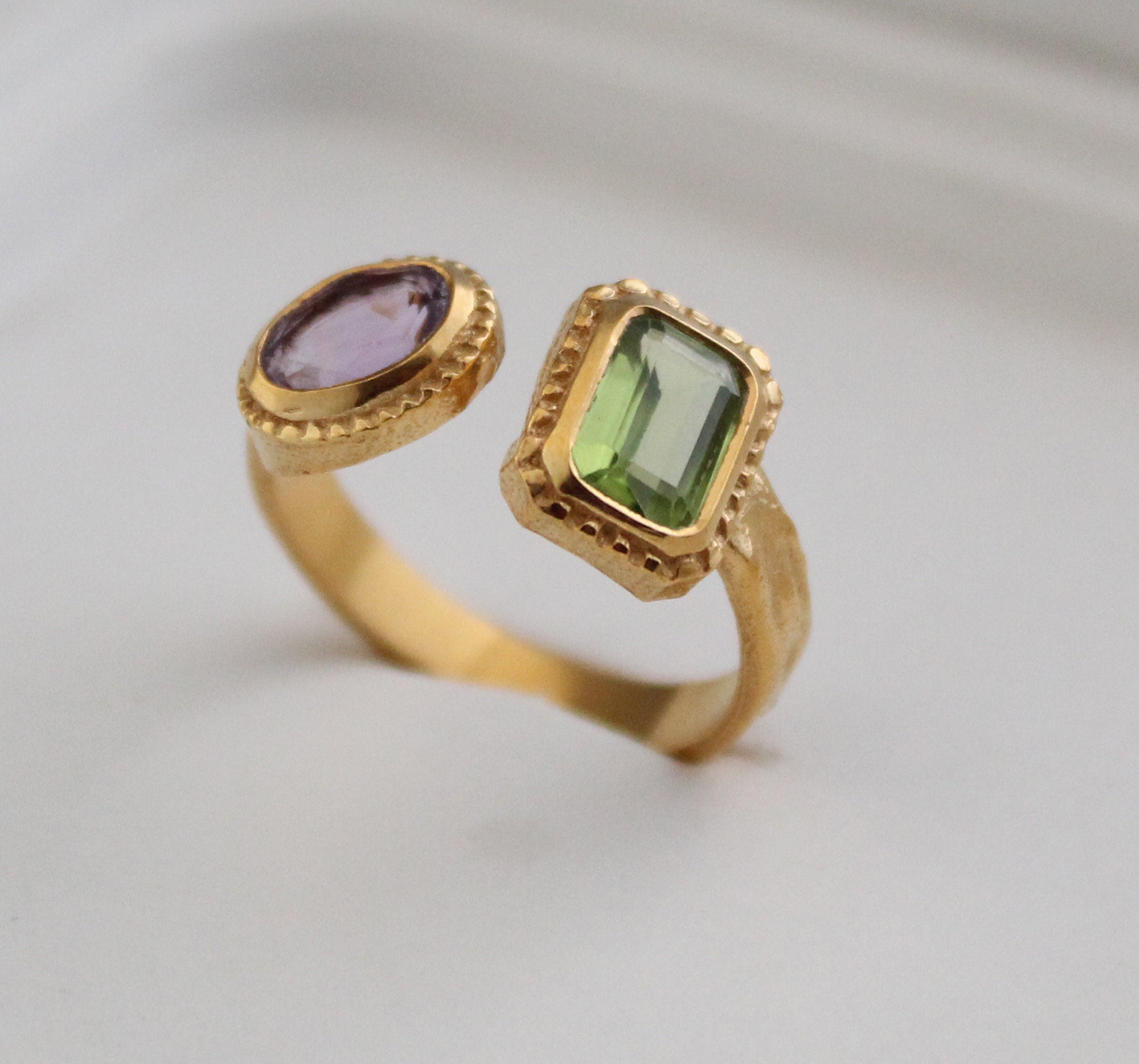 Amethyst Peridot Ring, Adjustable Band, Multi Stone Ring, Promise Ring, Unique Gold Engagement Ring, Vintage Bridal wedding Anniversary