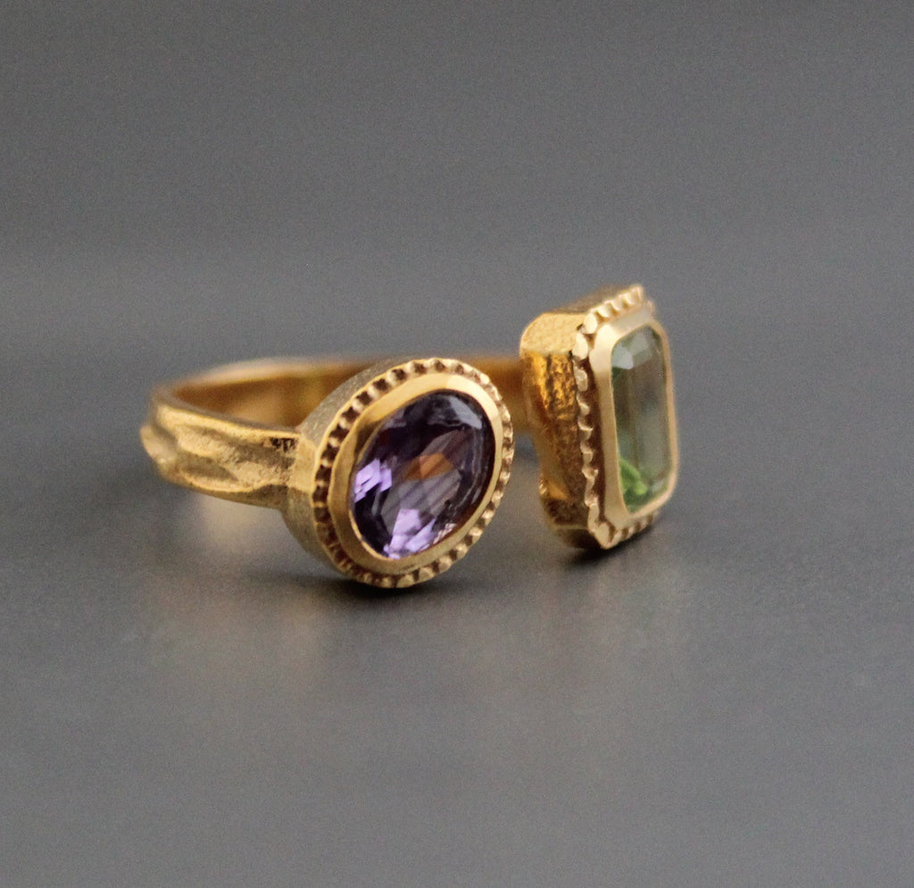 Amethyst Peridot Ring, Adjustable Band, Multi Stone Ring, Promise Ring, Unique Gold Engagement Ring, Vintage Bridal wedding Anniversary