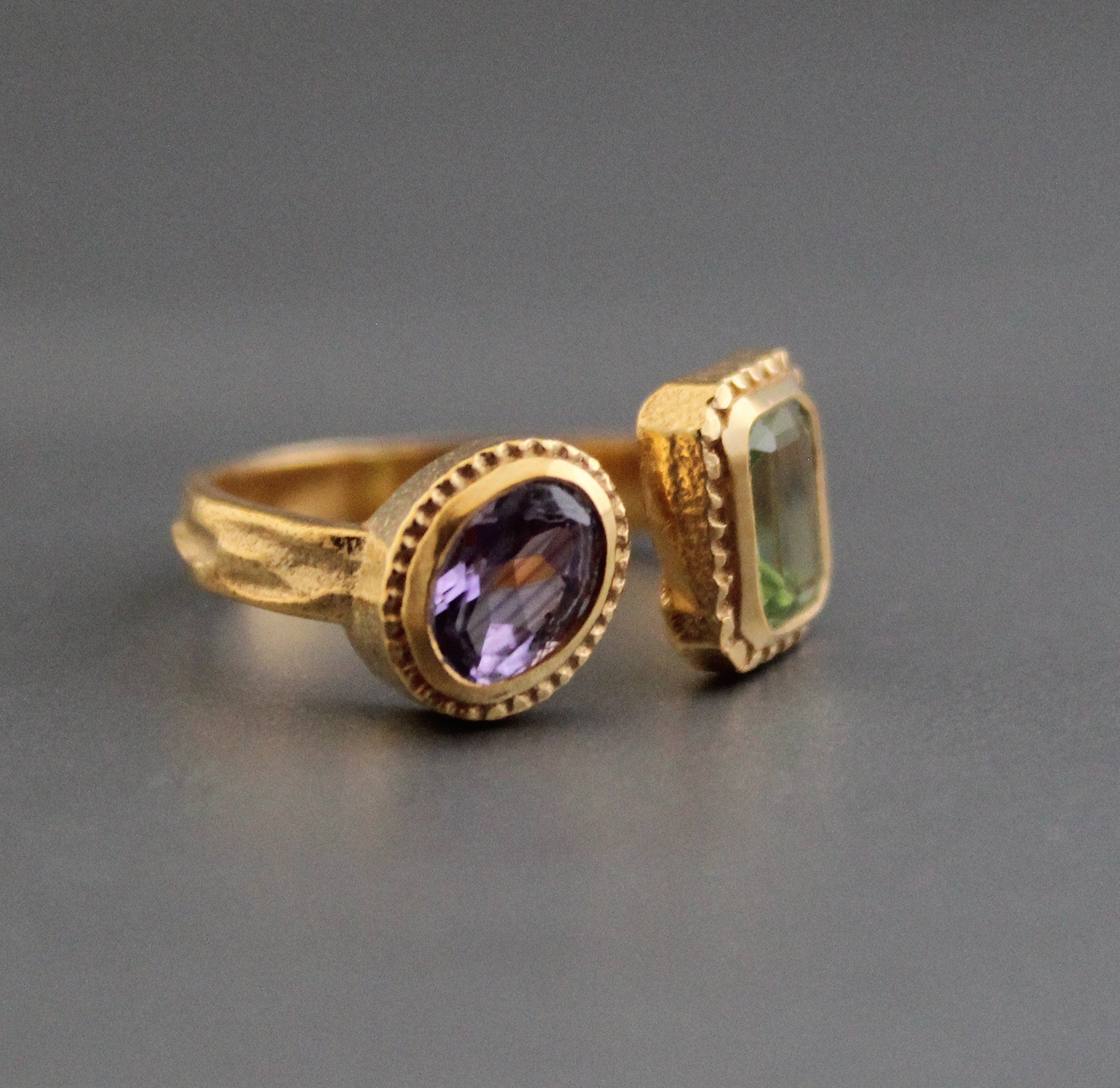 Amethyst Peridot Ring, Adjustable Band, Multi Stone Ring, Promise Ring, Unique Gold Engagement Ring, Vintage Bridal wedding Anniversary