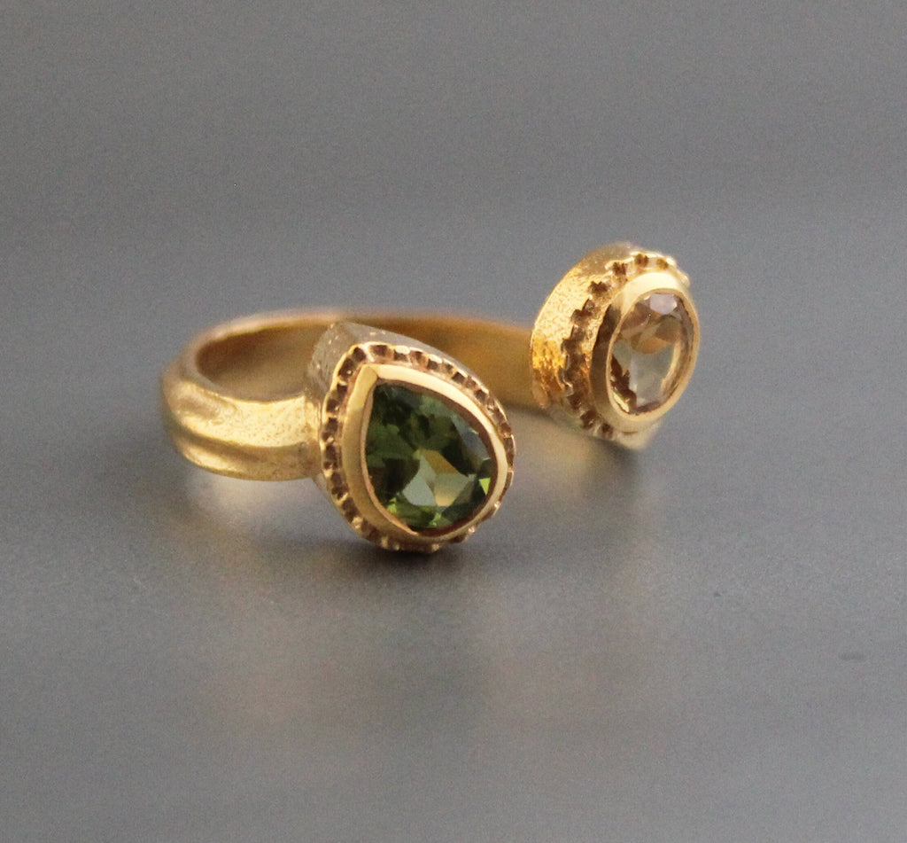 18K Gold Citrine Peridot Ring, Adjustable Gemstone Band, Birthstone ring, Birthday Gifts for her, Multi Stone Ring