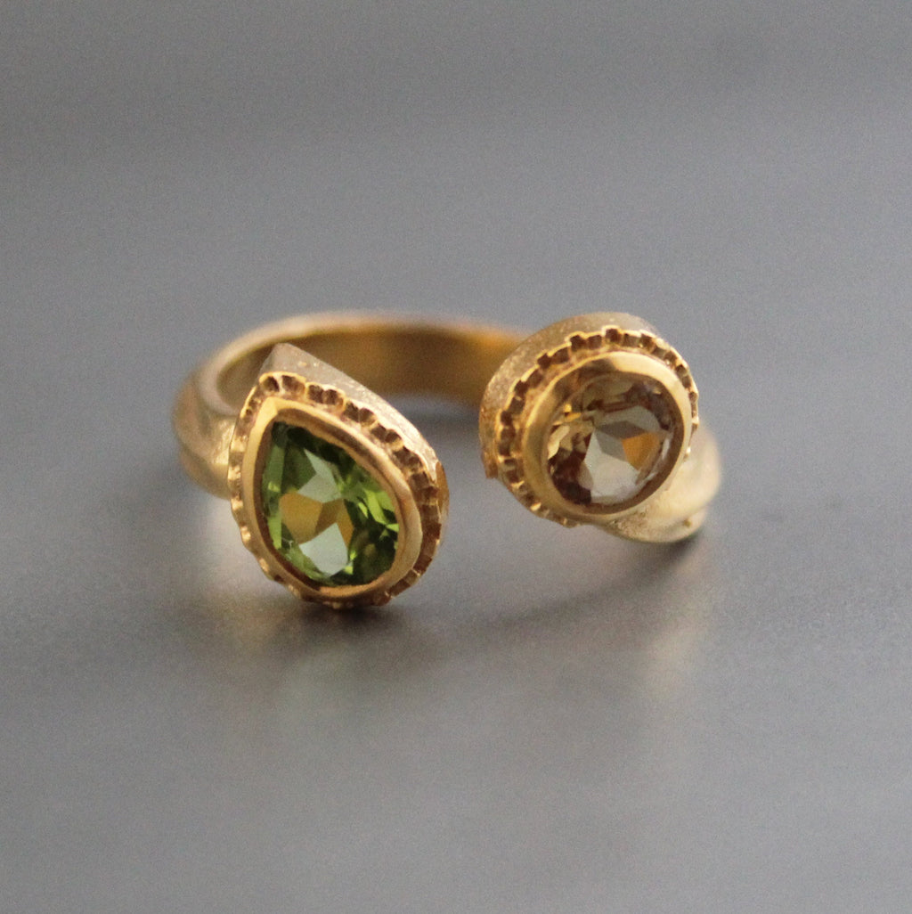 18K Gold Citrine Peridot Ring, Adjustable Gemstone Band, Birthstone ring, Birthday Gifts for her, Multi Stone Ring