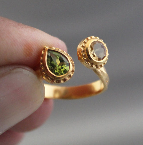 18K Gold Citrine Peridot Ring, Adjustable Gemstone Band, Birthstone ring, Birthday Gifts for her, Multi Stone Ring
