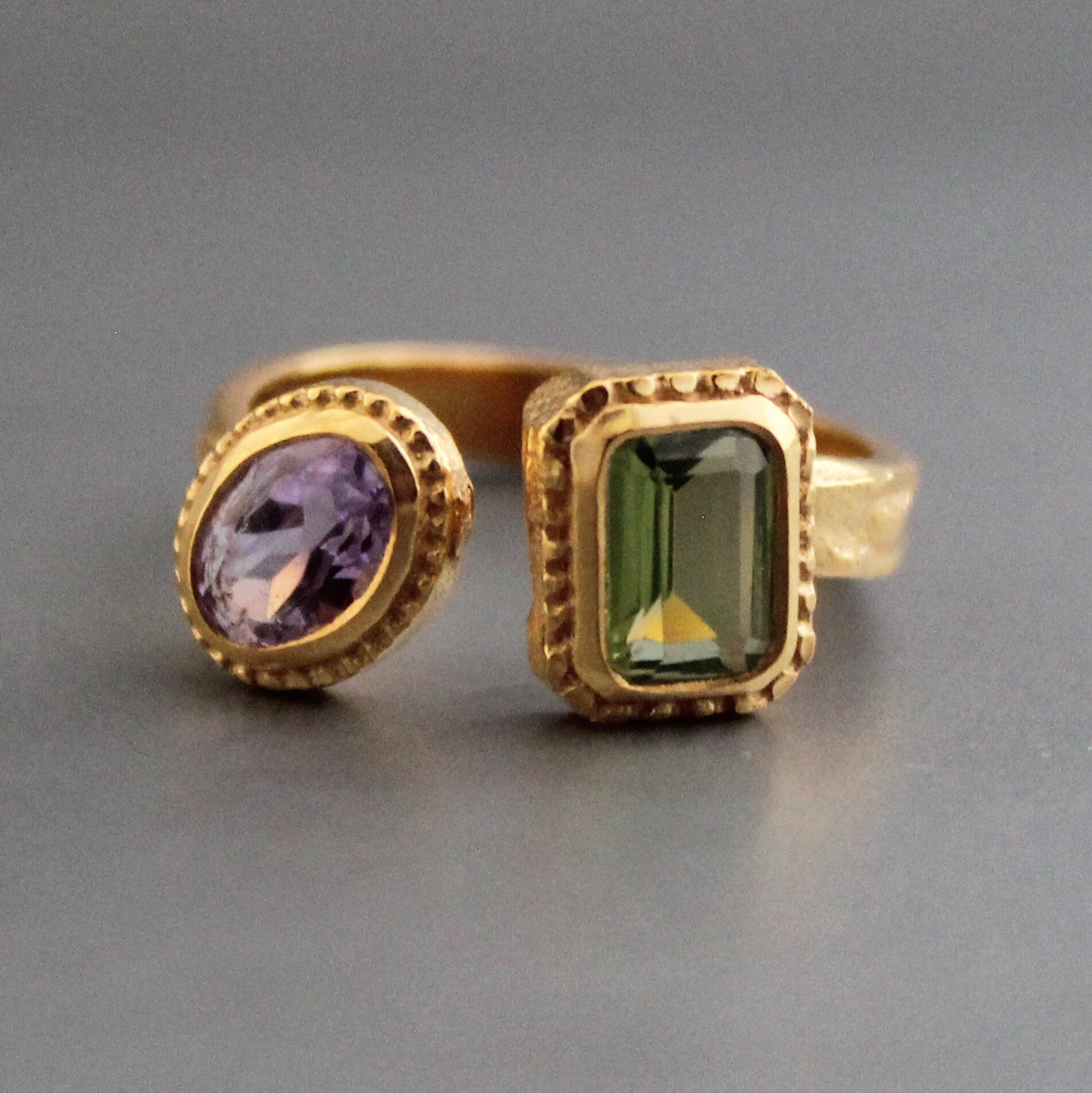 Amethyst Peridot Ring, Adjustable Band, Multi Stone Ring, Promise Ring, Unique Gold Engagement Ring, Vintage Bridal wedding Anniversary