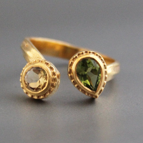 18K Gold Citrine Peridot Ring, Adjustable Gemstone Band, Birthstone ring, Birthday Gifts for her, Multi Stone Ring