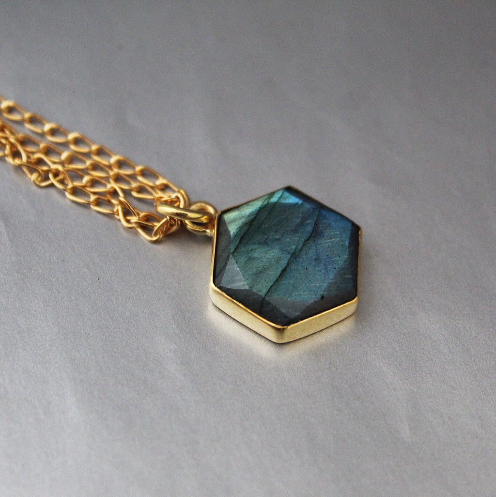 Labradorite Necklace, Hexagon Necklace, Crystal Necklace, Healing Energy Stone Moonstone, Gemstone Charm Necklace, Birthday Gift