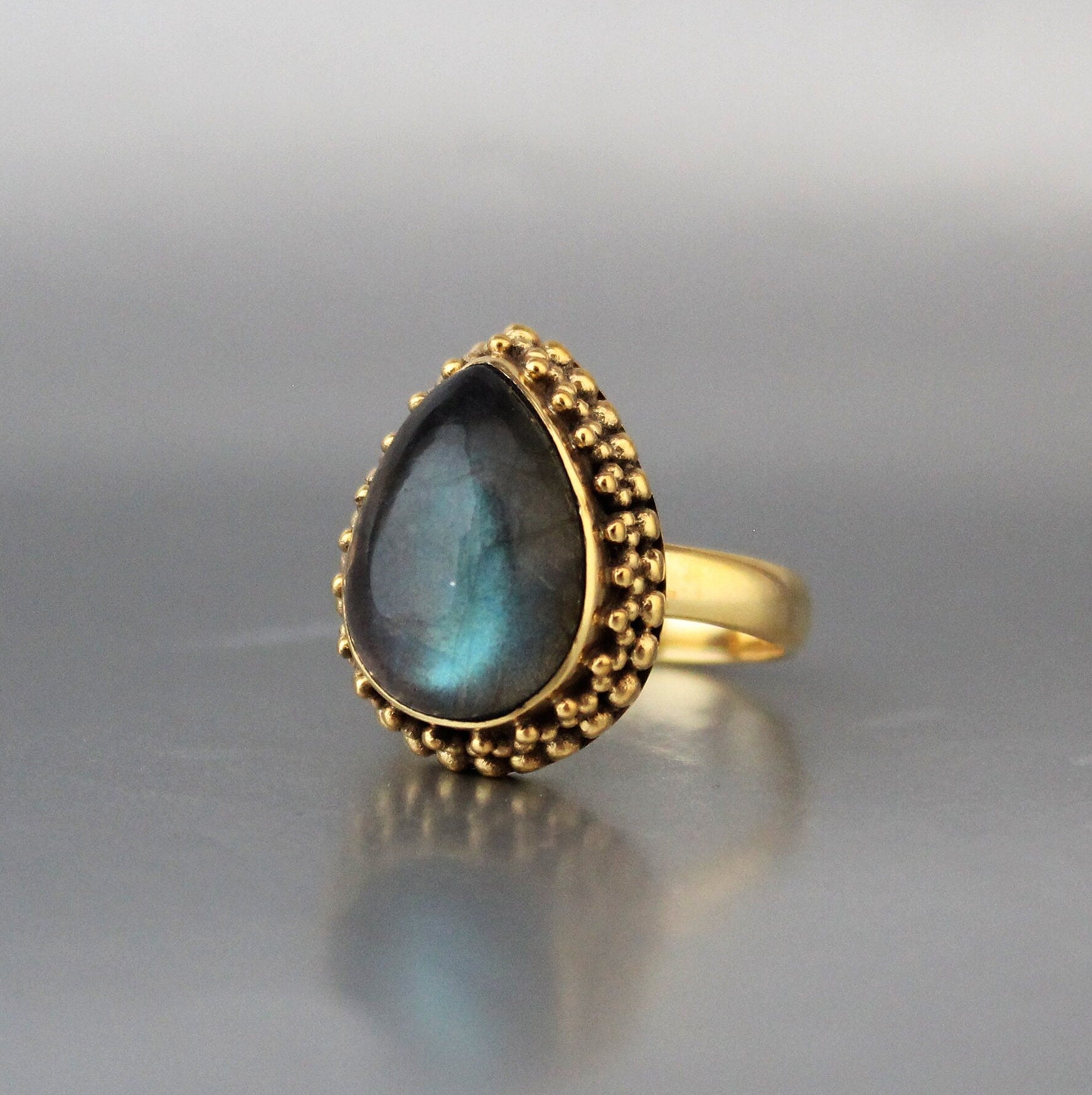 Pear Labradorite Ring: Antique Gold Art Deco Bohemian Jewelry