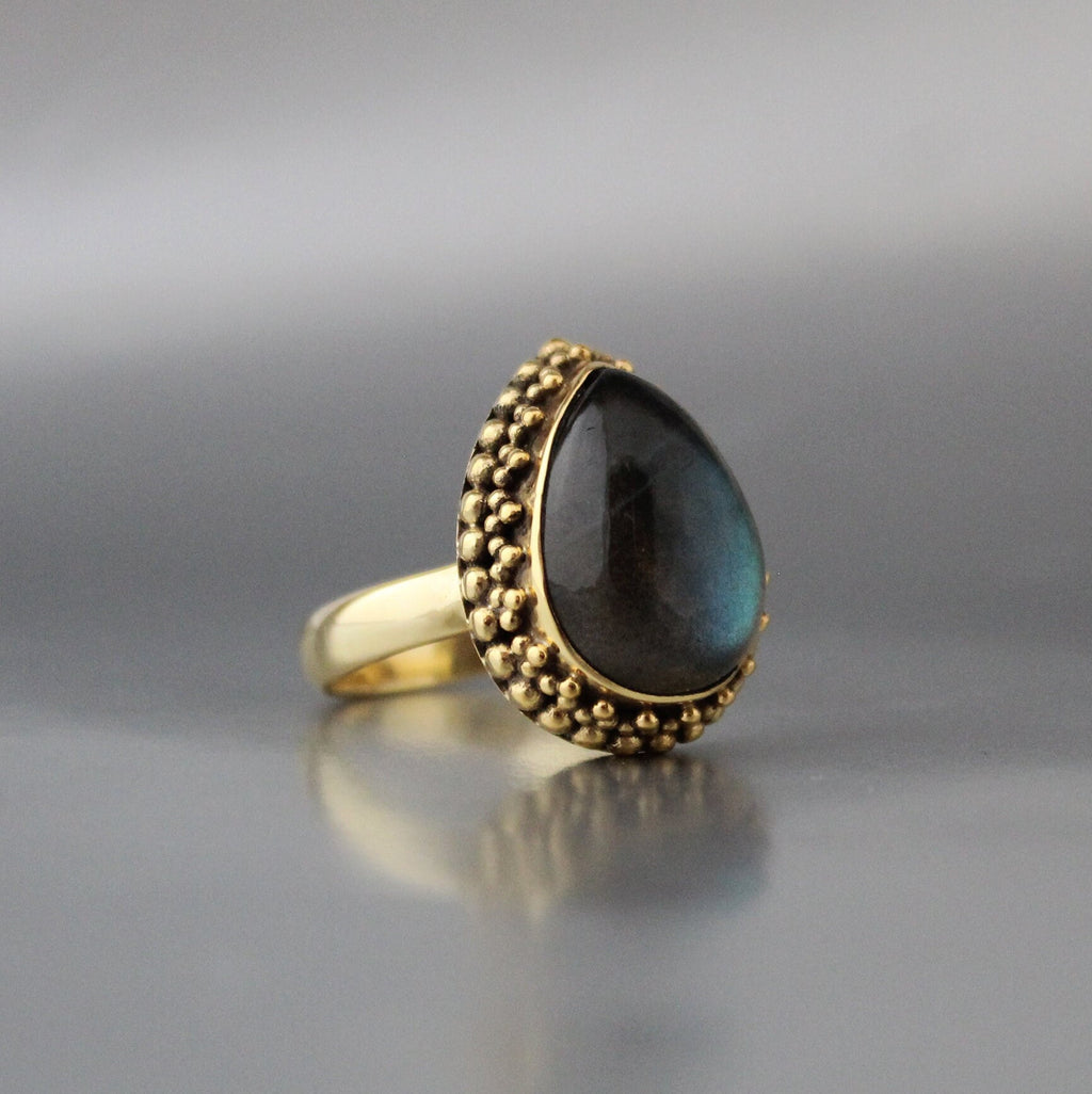 Pear Labradorite Ring: Antique Gold Art Deco Bohemian Jewelry