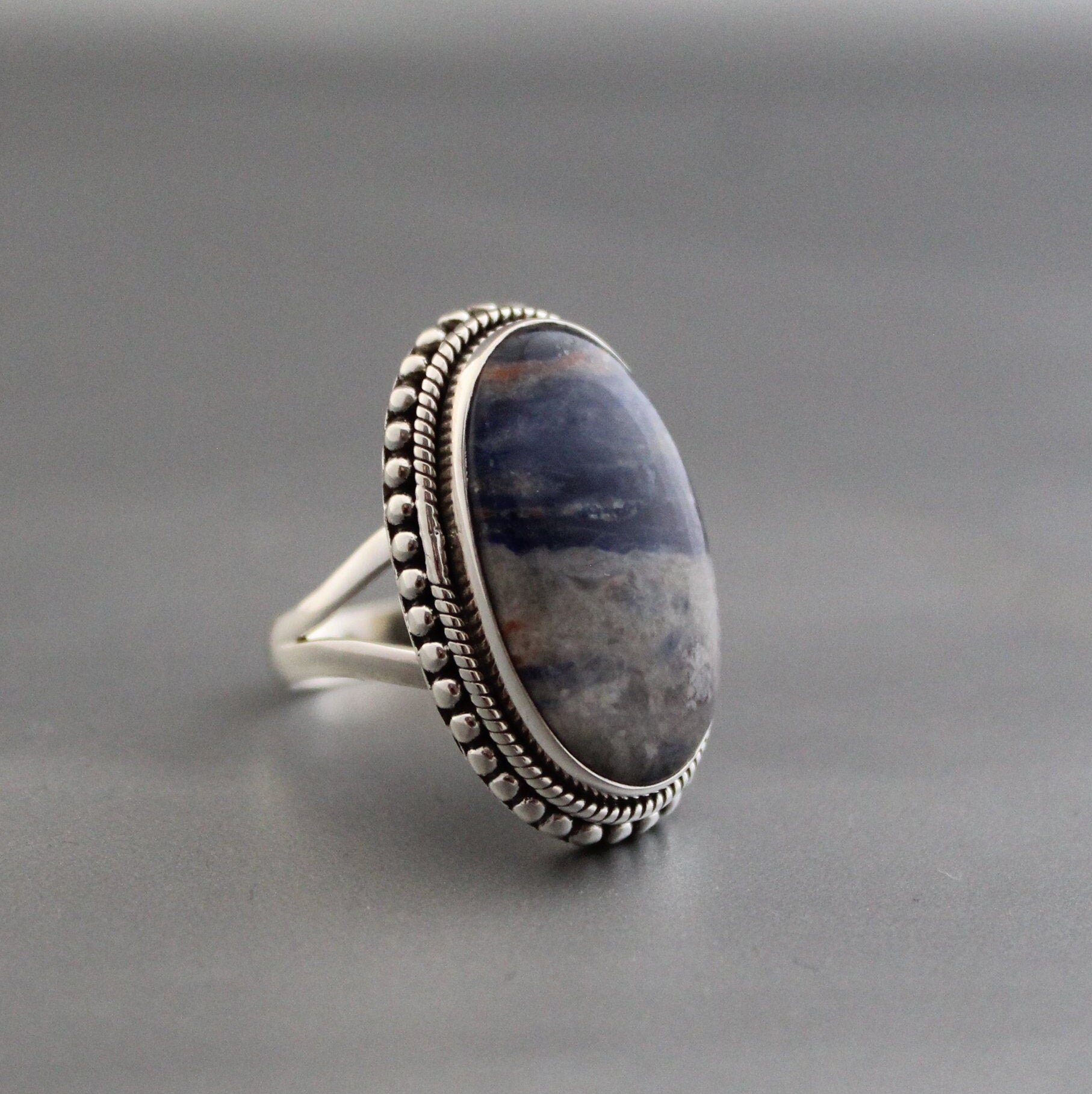 Blue Jasper Sterling Silver Ring, Handmade Bohemian Jewelry Oval Statement Jewelry, Birthstone Ring, Gift For Her, Christmas Gift
