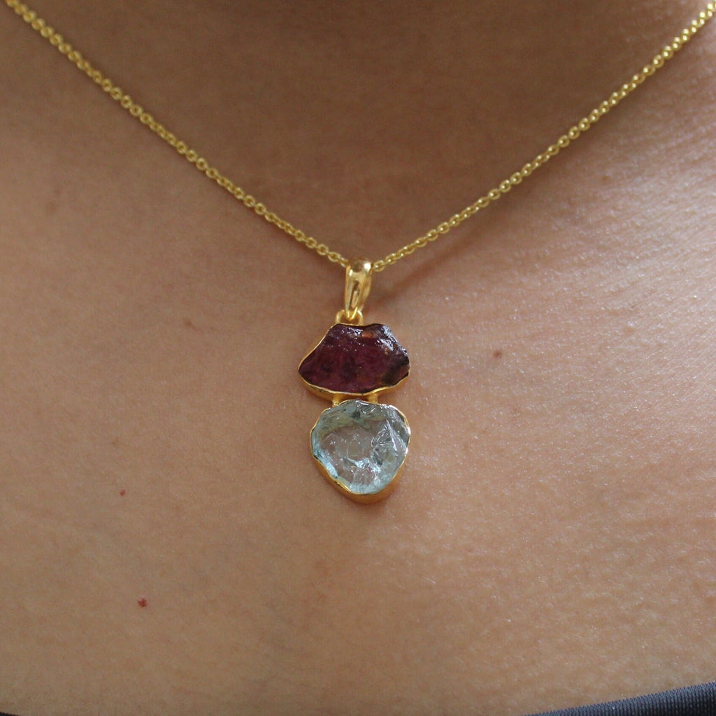 Raw Aquamarine & Tourmaline Necklace, Sterling Silver Gemstone Pendant, 18K Gold vermiel, necklace for Men