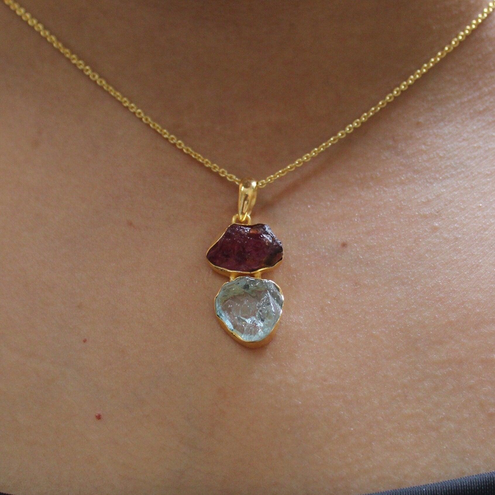 Raw Aquamarine & Tourmaline Necklace, Sterling Silver Gemstone Pendant, 18K Gold vermiel, necklace for Men