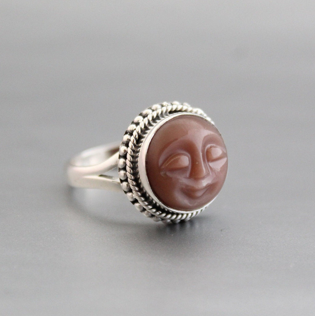 Handmade Peach Moonstone Face Ring, 925 Sterling Silver Celestial Jewelry, June Birthstone
