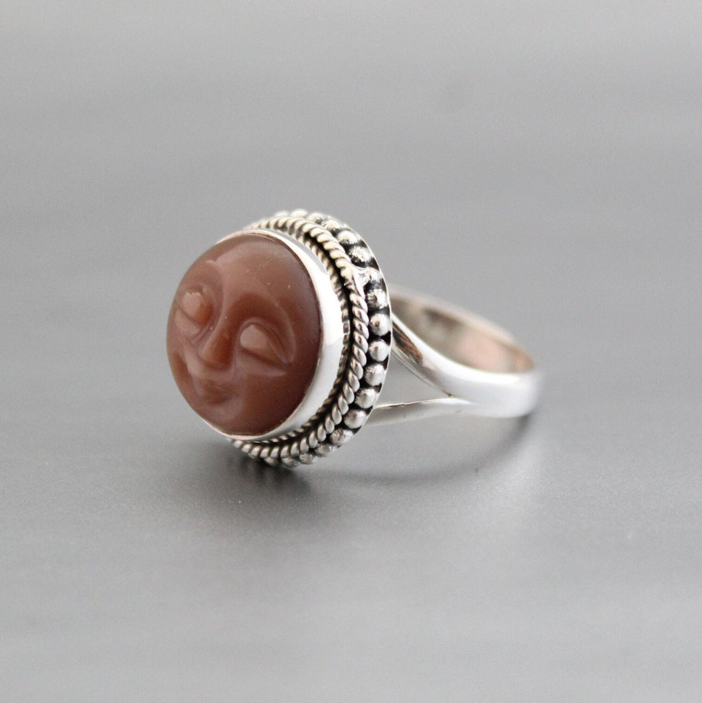 Handmade Peach Moonstone Face Ring, 925 Sterling Silver Celestial Jewelry, June Birthstone