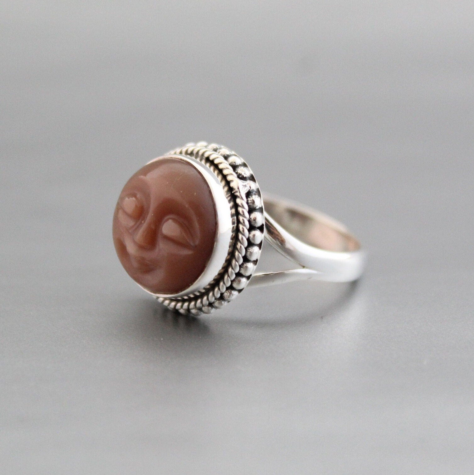 Handmade Peach Moonstone Face Ring, 925 Sterling Silver Celestial Jewelry, June Birthstone
