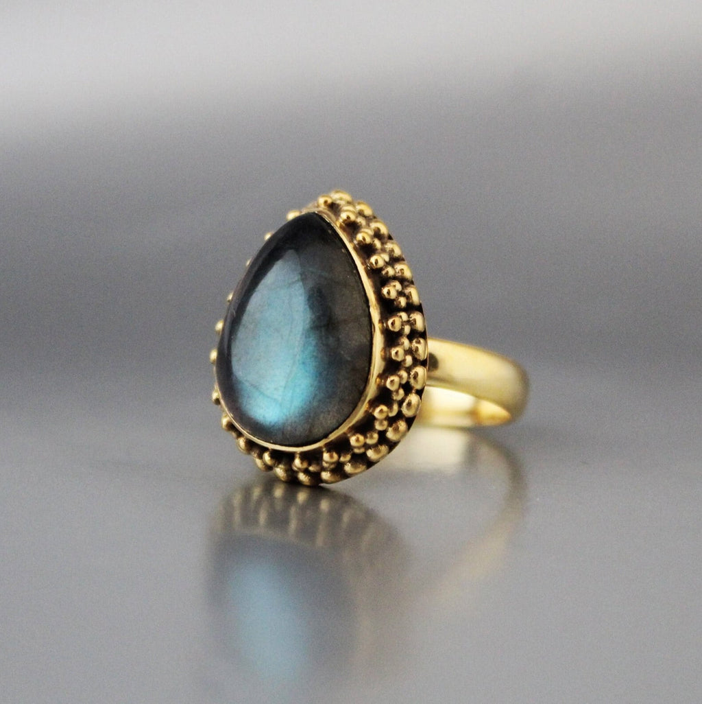 Pear Labradorite Ring: Antique Gold Art Deco Bohemian Jewelry