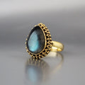 Pear Labradorite Ring: Antique Gold Art Deco Bohemian Jewelry