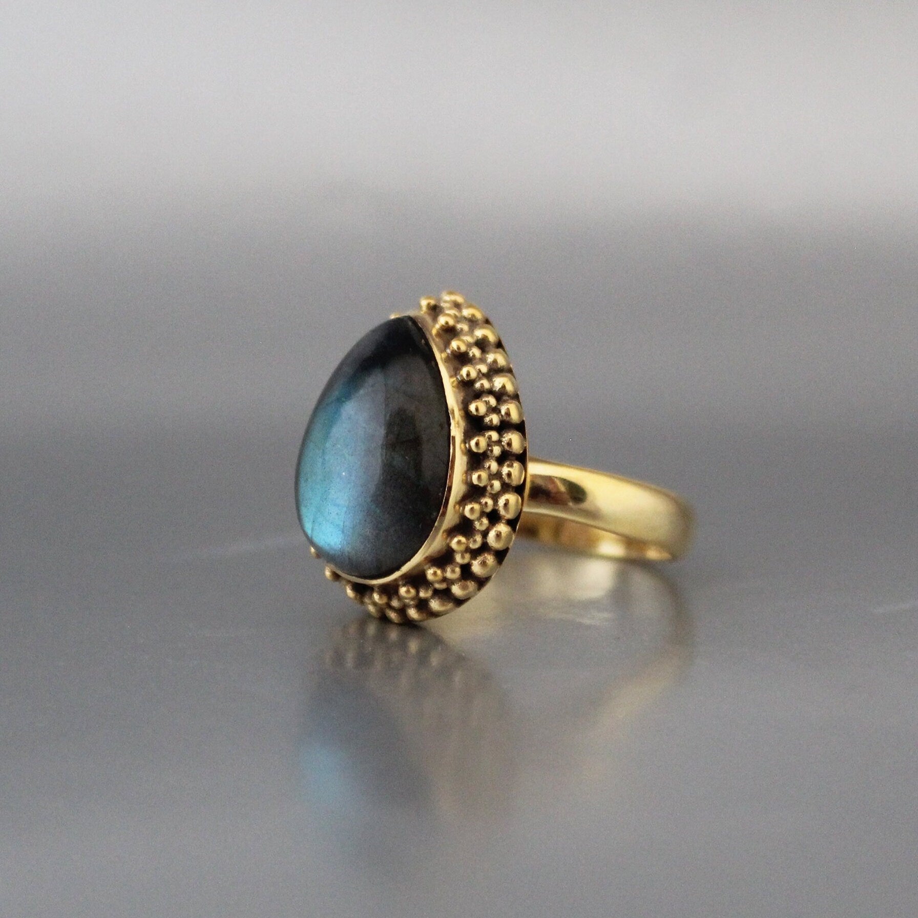 Pear Labradorite Ring: Antique Gold Art Deco Bohemian Jewelry