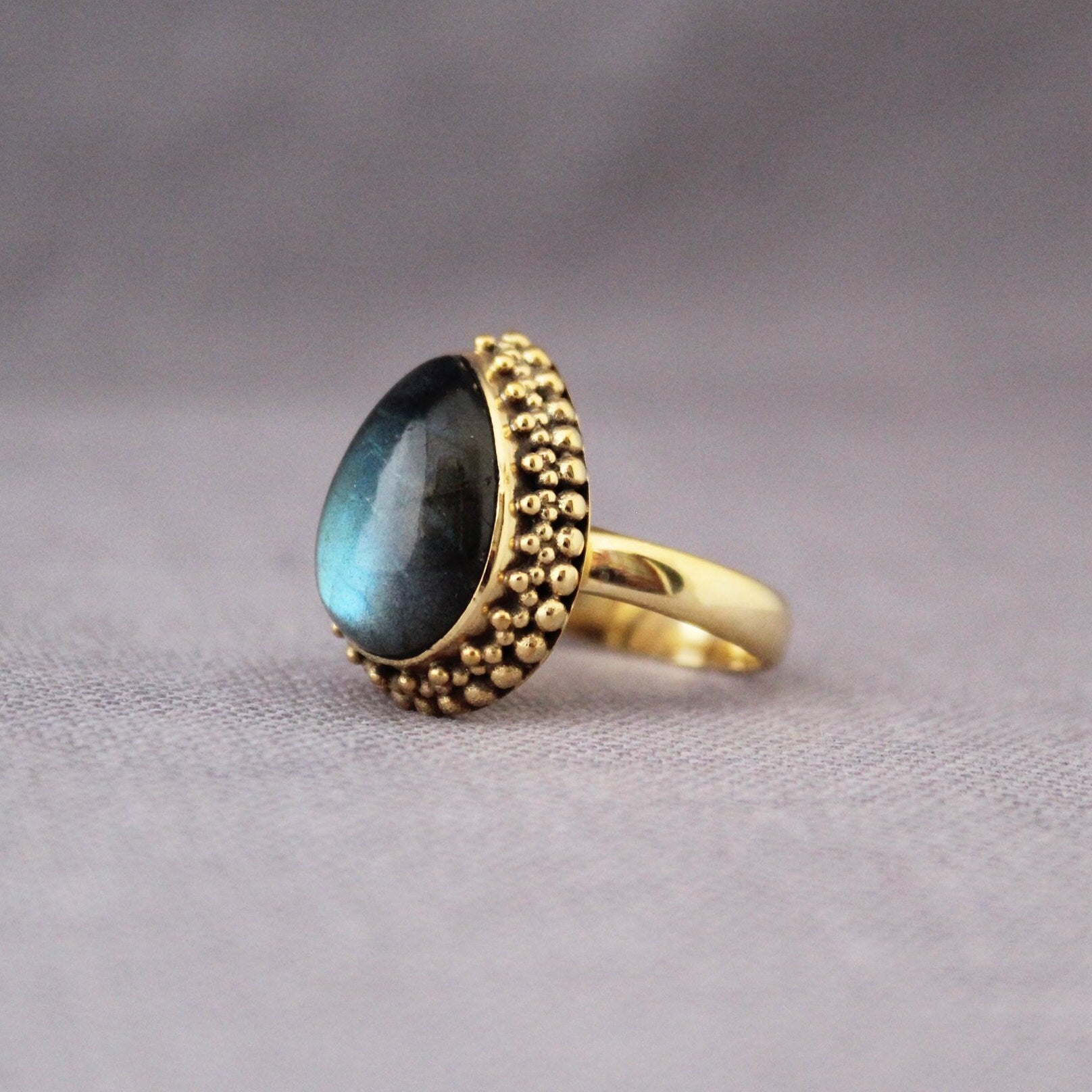 Pear Labradorite Ring: Antique Gold Art Deco Bohemian Jewelry