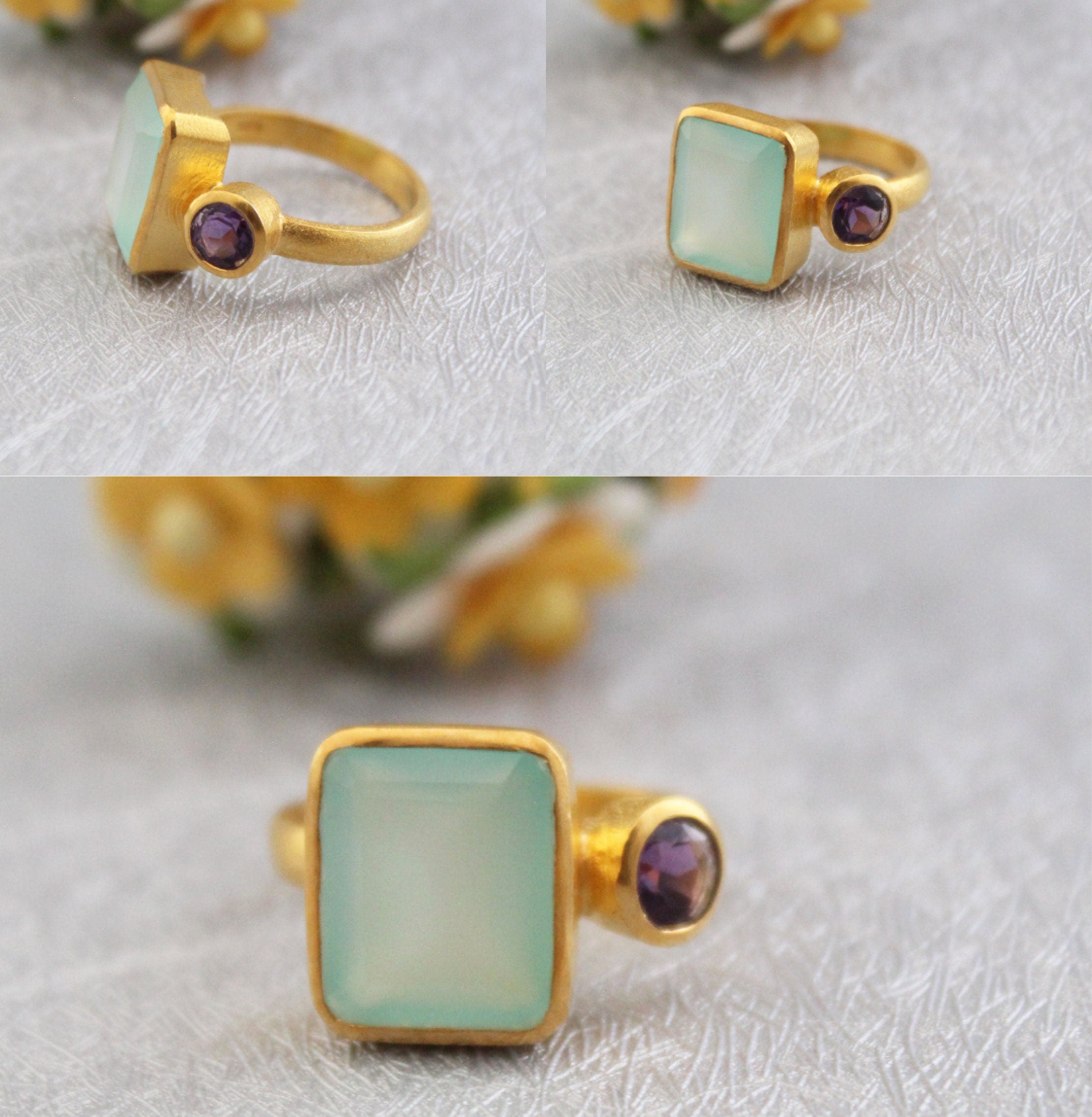 Aqua Chalcedony Ring, Gemstone Jewelry, 18k Gold Ring for Mom, Handmade Jewelry, Multi Stone Ring, Birthstone Jewelry, Minimalist Ring