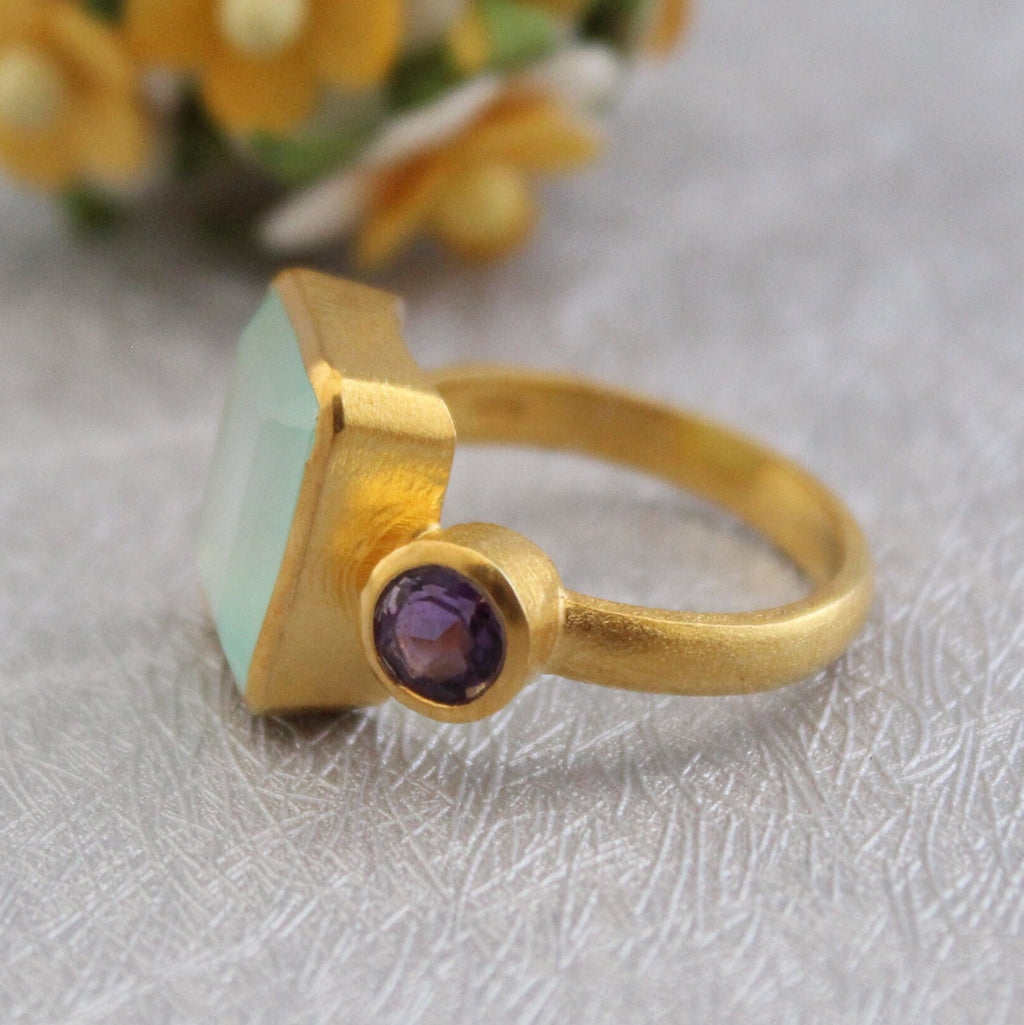 Aqua Chalcedony Ring, Gemstone Jewelry, 18k Gold Ring for Mom, Handmade Jewelry, Multi Stone Ring, Birthstone Jewelry, Minimalist Ring