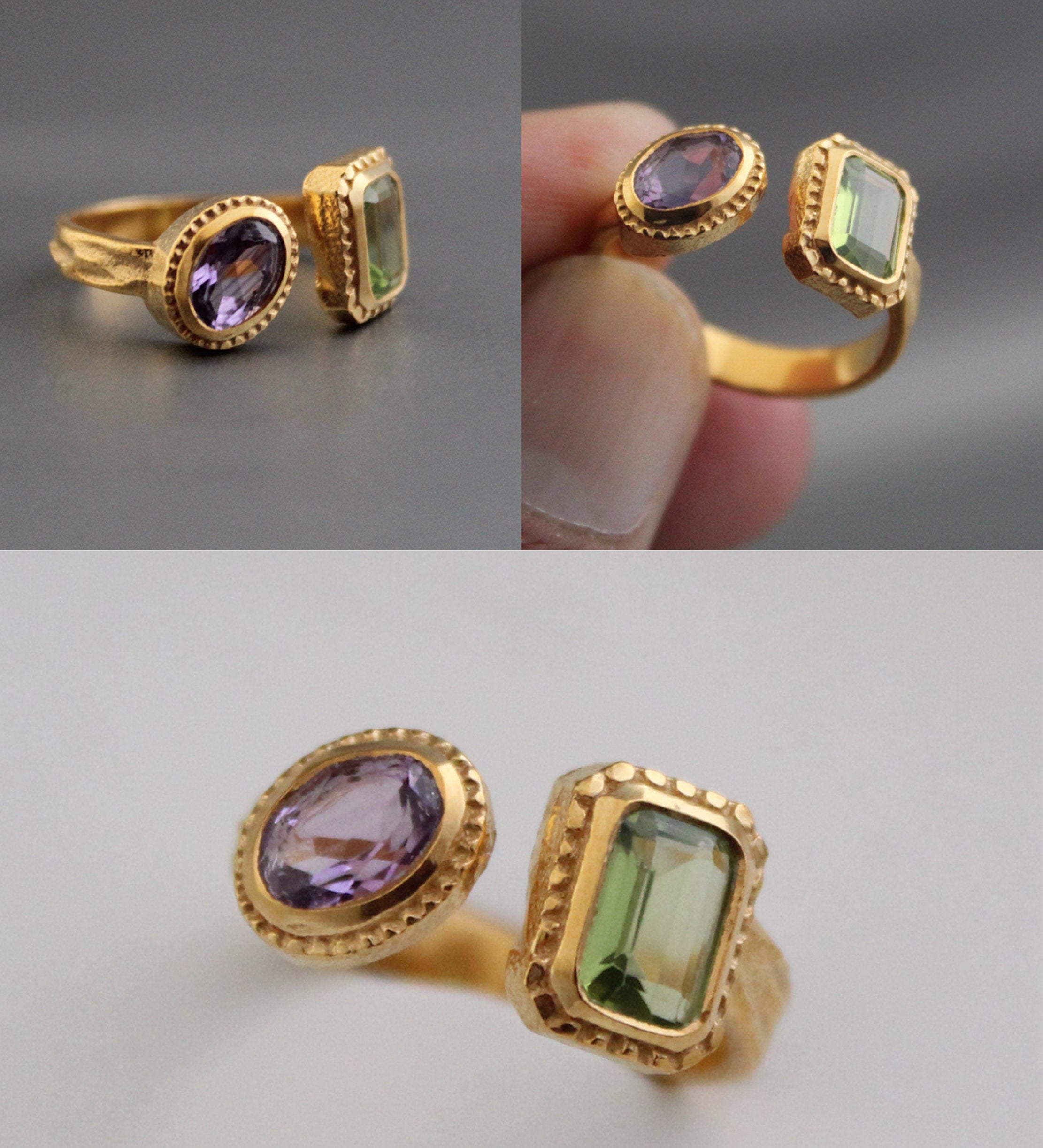 Amethyst Peridot Ring, Adjustable Band, Multi Stone Ring, Promise Ring, Unique Gold Engagement Ring, Vintage Bridal wedding Anniversary