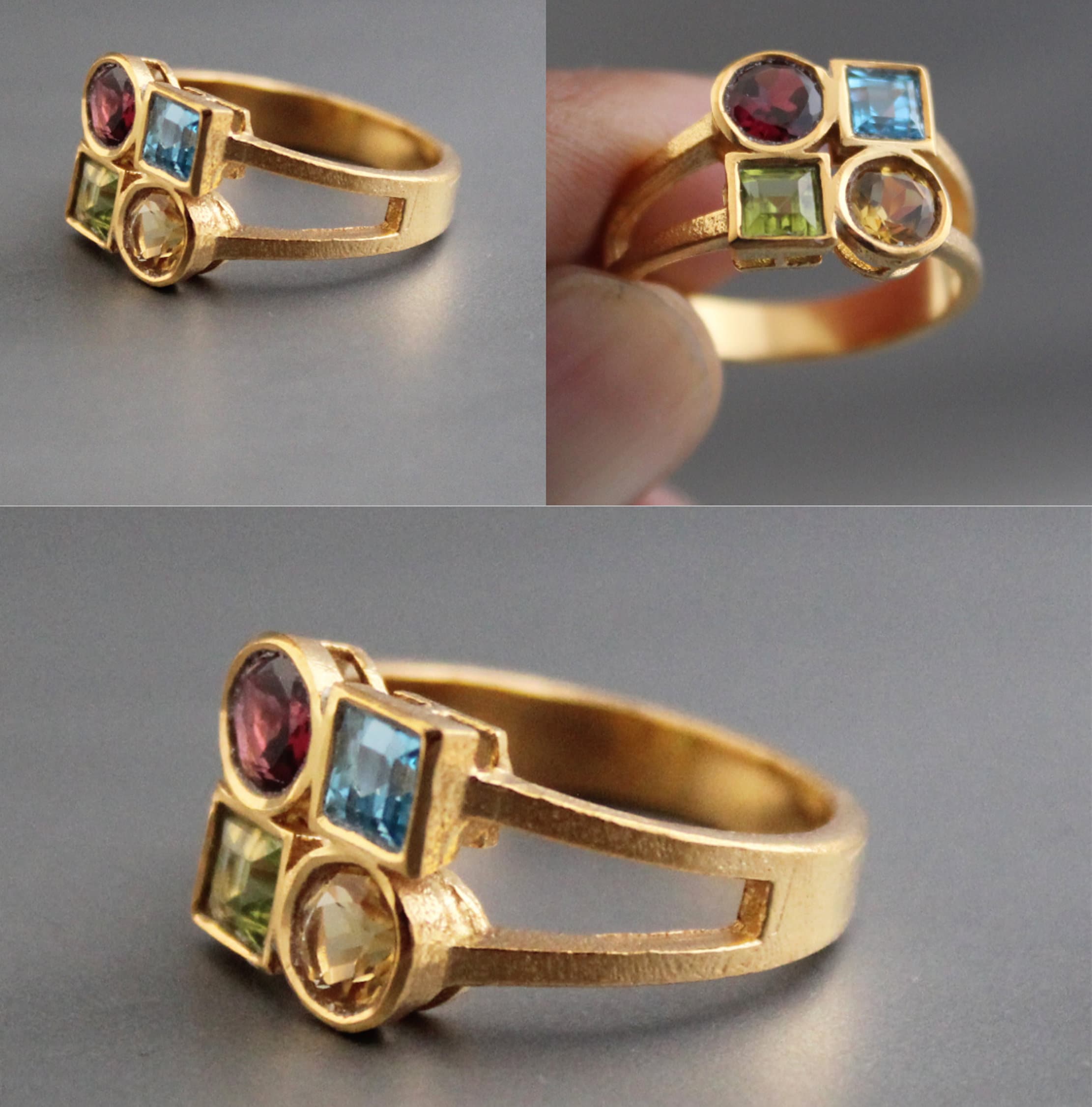 Dainty 18K Gold Multi-Stone Ring, Citrine Garnet Peridot Blue Topaz, Gift for Girlfriend, Gemstone Jewelry Gift for Women