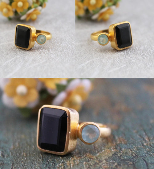 Black Onyx Ring, Multi Stone Ring, Best Friends Gift, Dainty Gold Birthstone Jewelry, Mother's Day Ring, 18K Gold Ring