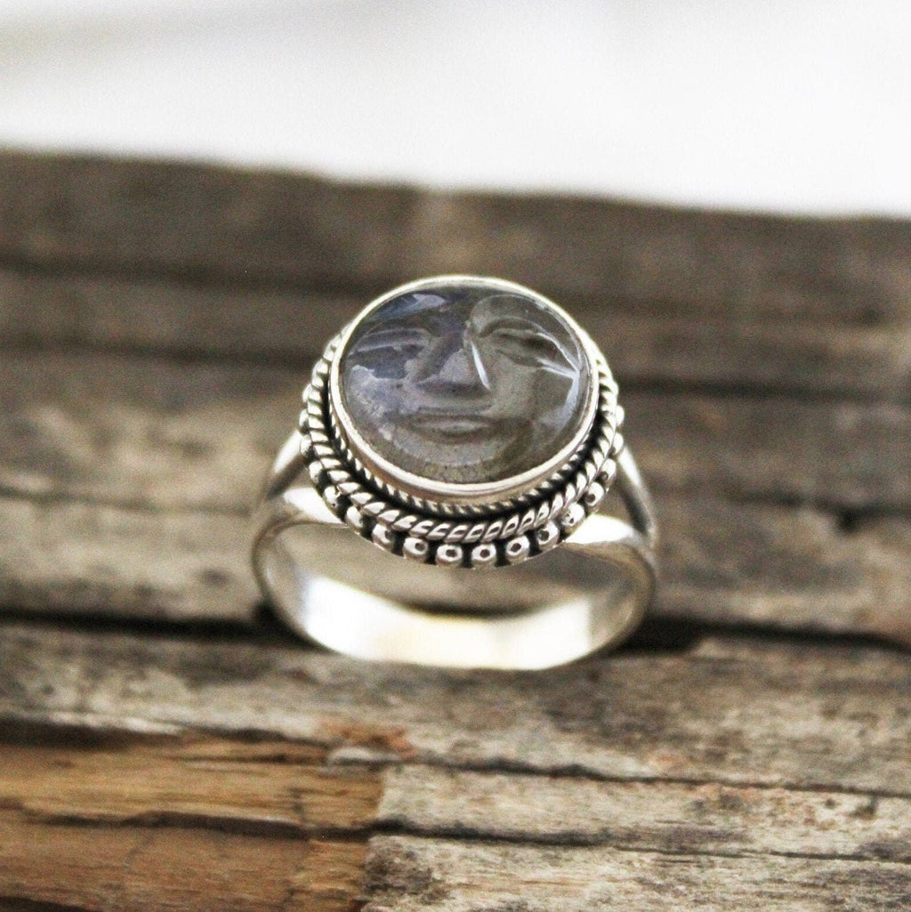 Labradorite Moon Face Ring, Sterling Silver Art Deco Ring, Handmade Labradorite Statement Ring