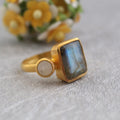 Handmade Blue Fire Labradorite Ring, Silver Jewelry, 14K Gold Ring, Rectangle Cut Birthstone