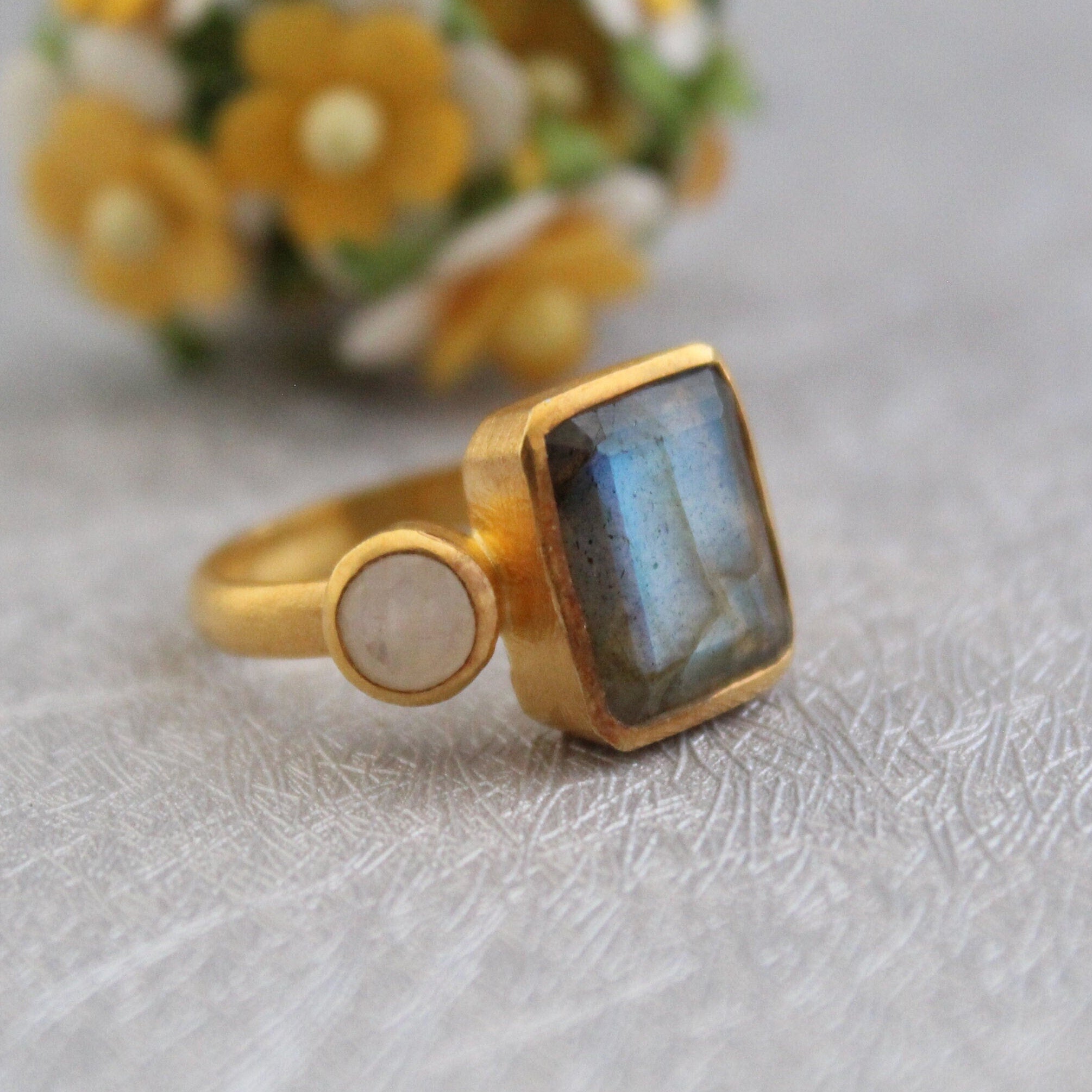 Handmade Blue Fire Labradorite Ring, Silver Jewelry, 14K Gold Ring, Rectangle Cut Birthstone