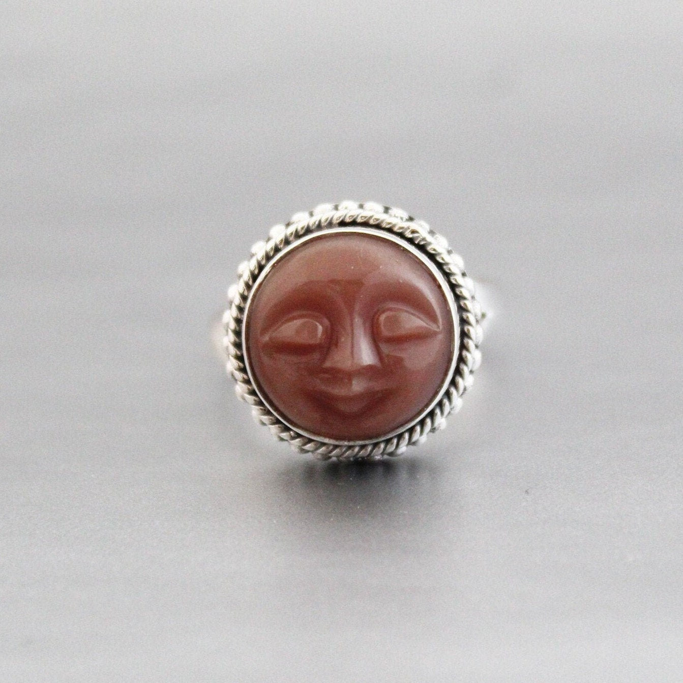 Handmade Peach Moonstone Face Ring, 925 Sterling Silver Celestial Jewelry, June Birthstone